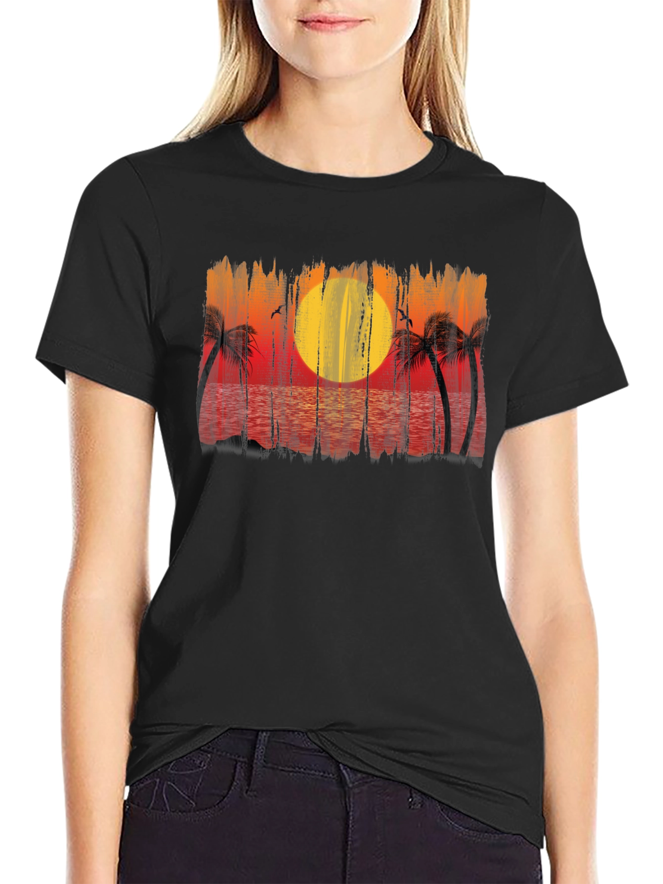 Black Sunset Palm Tree Graphic Black T-Shirt view 2