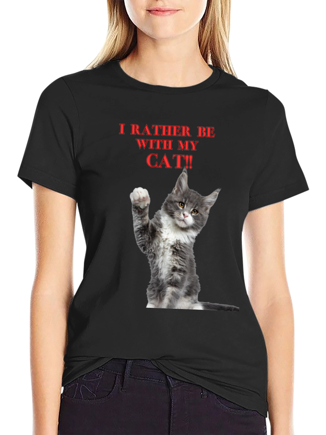 Black Funny "I'd Rather Be With My Cat" Graphic Tee view 2