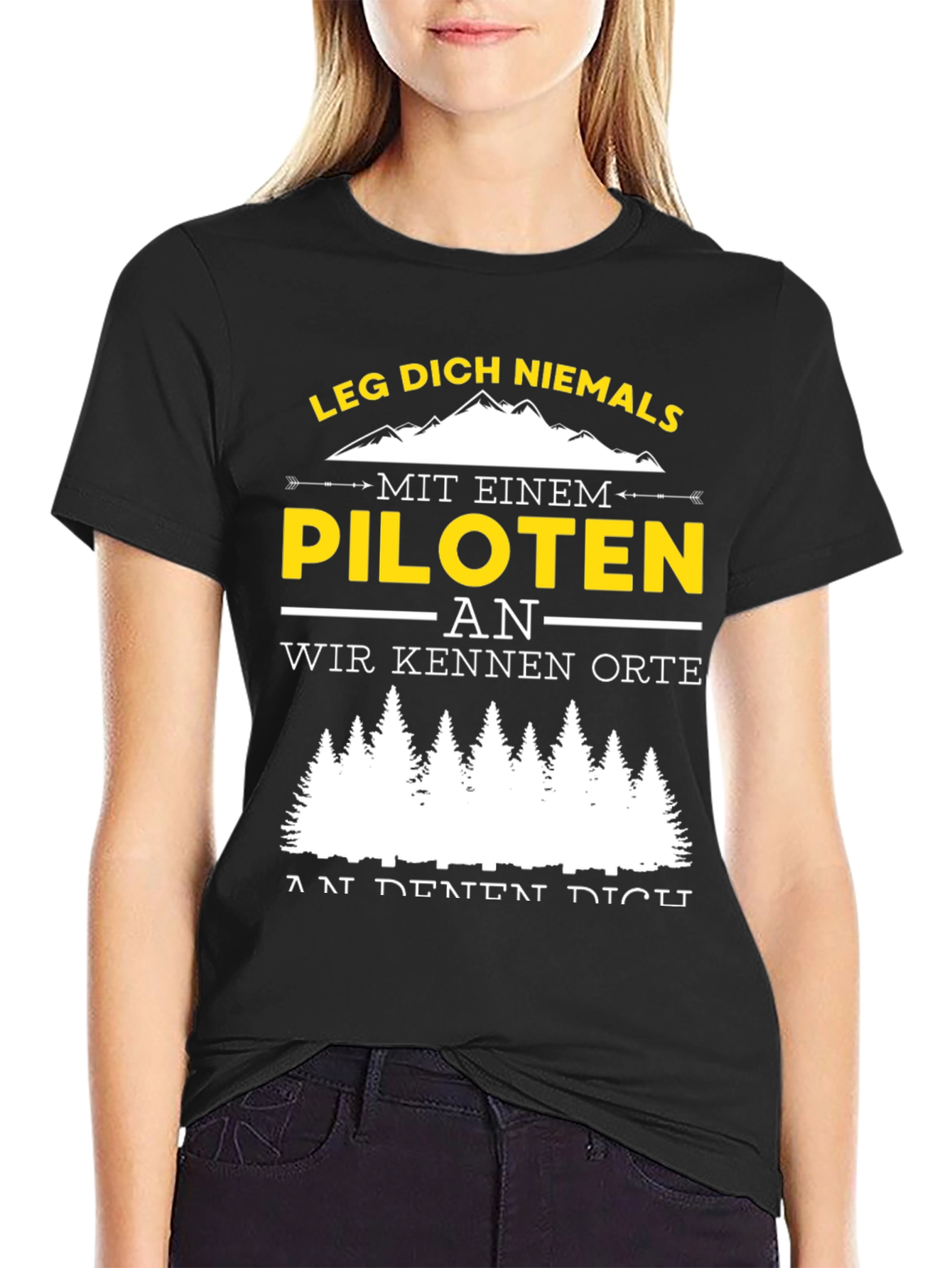 Black Pilot Humor Graphic T-Shirt - "Leg Dich Niemals..." view 2