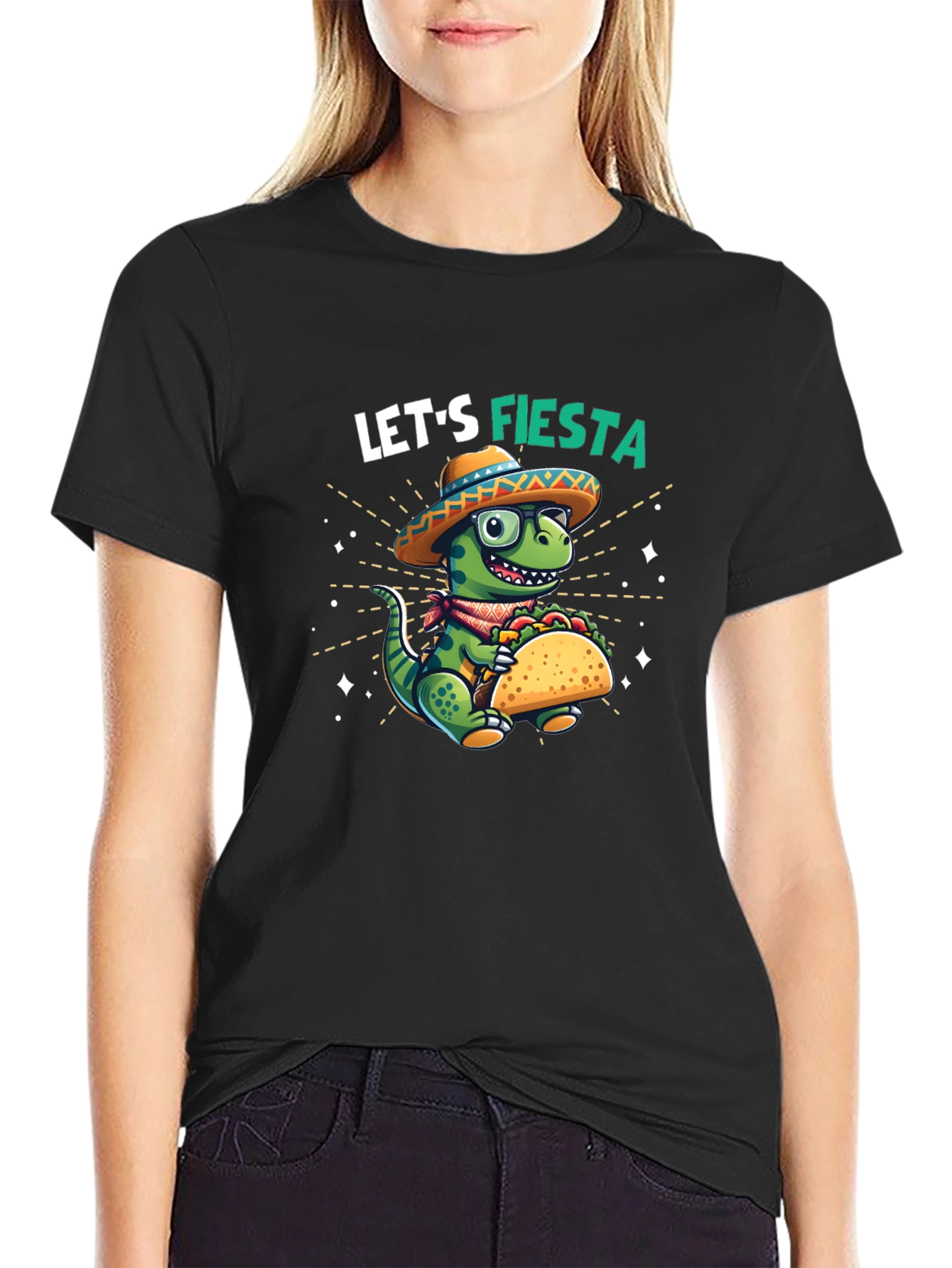Black Let's Fiesta Dinosaur Taco T-Shirt view 2