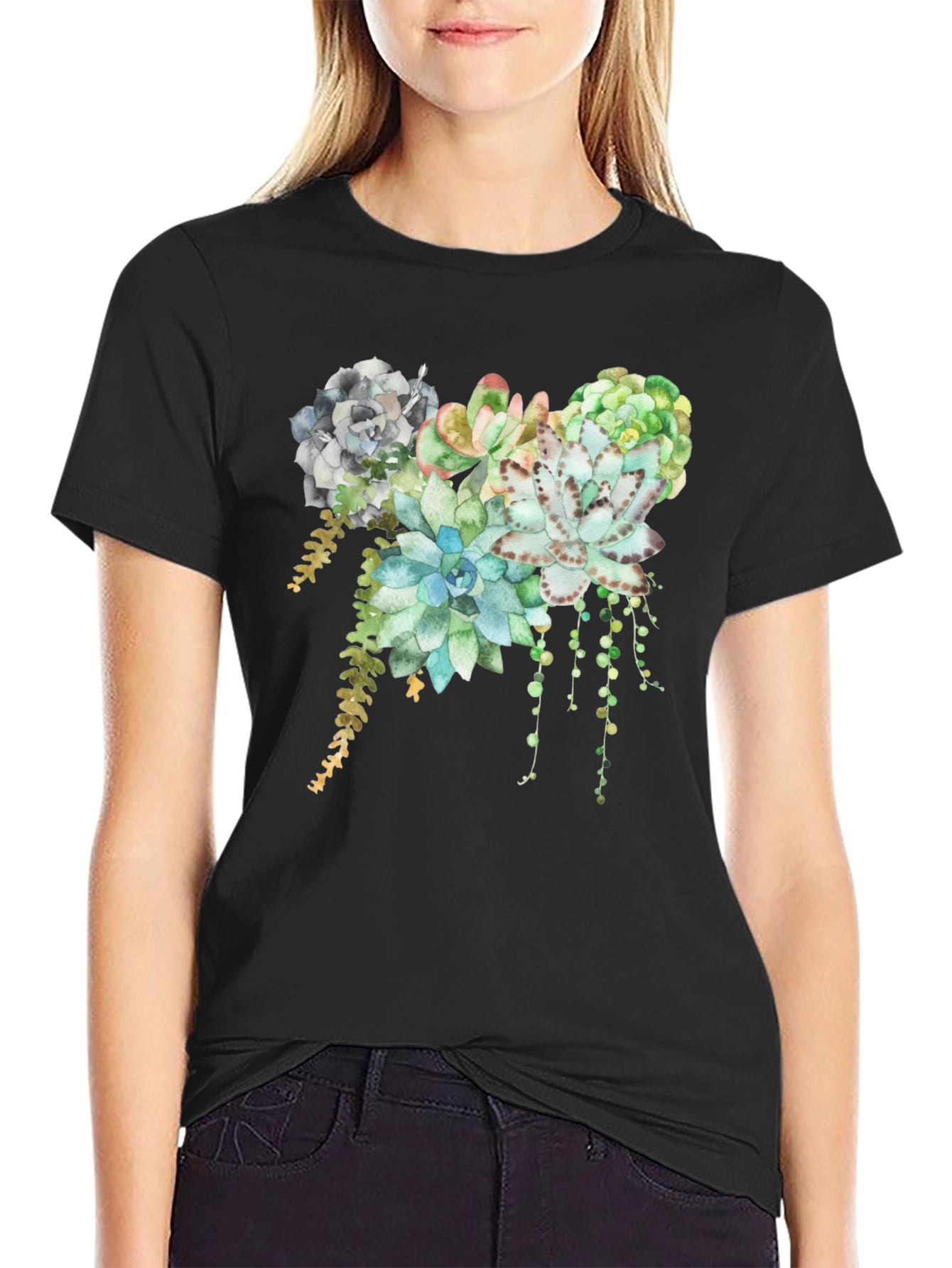 Black Succulent Print T-Shirt - Stylish Botanical Design view 2