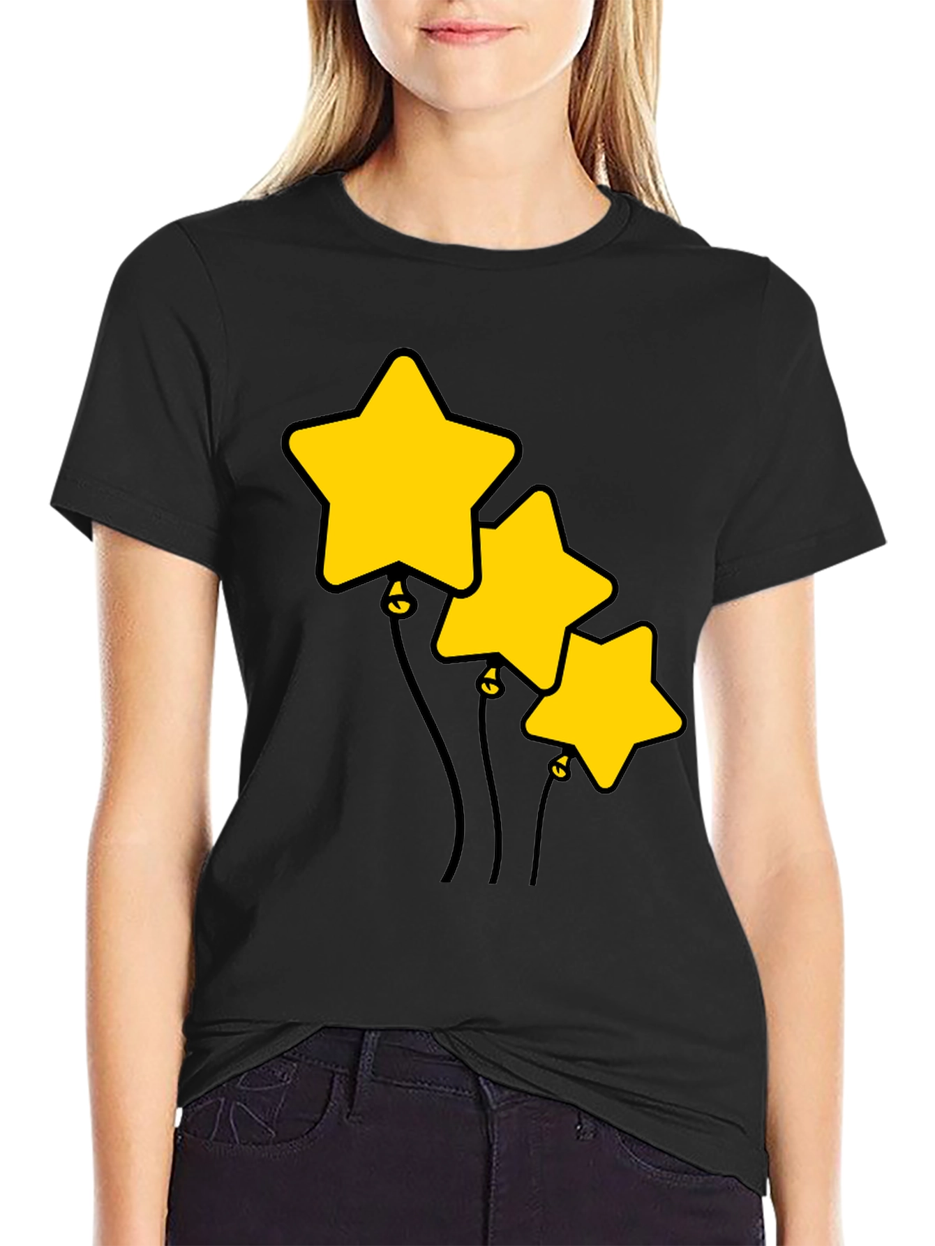 Black Star Balloons Graphic Tee - Black Cotton T-Shirt view 2