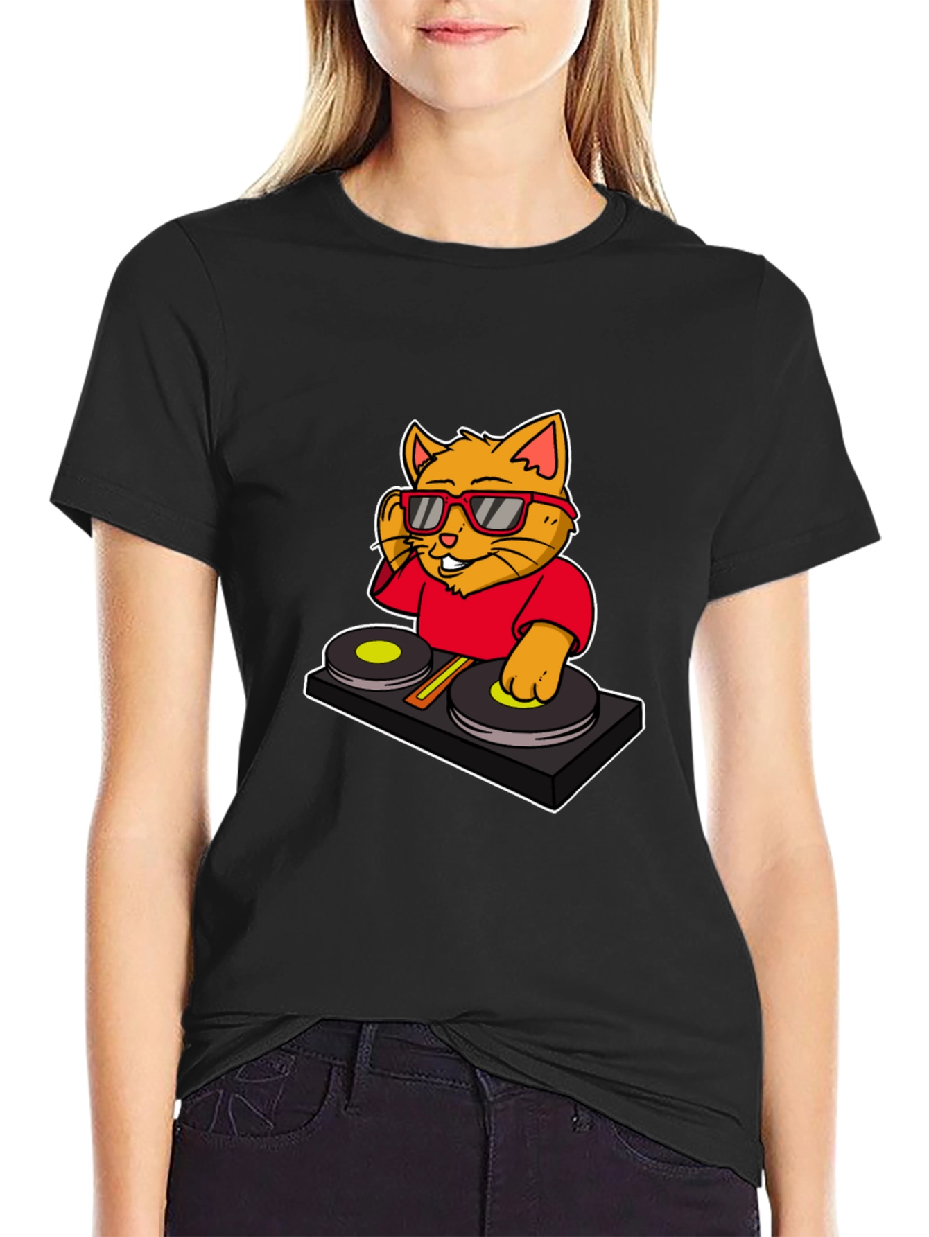 Black DJ Cat Graphic T-Shirt - Cool Music Lover Tee view 2