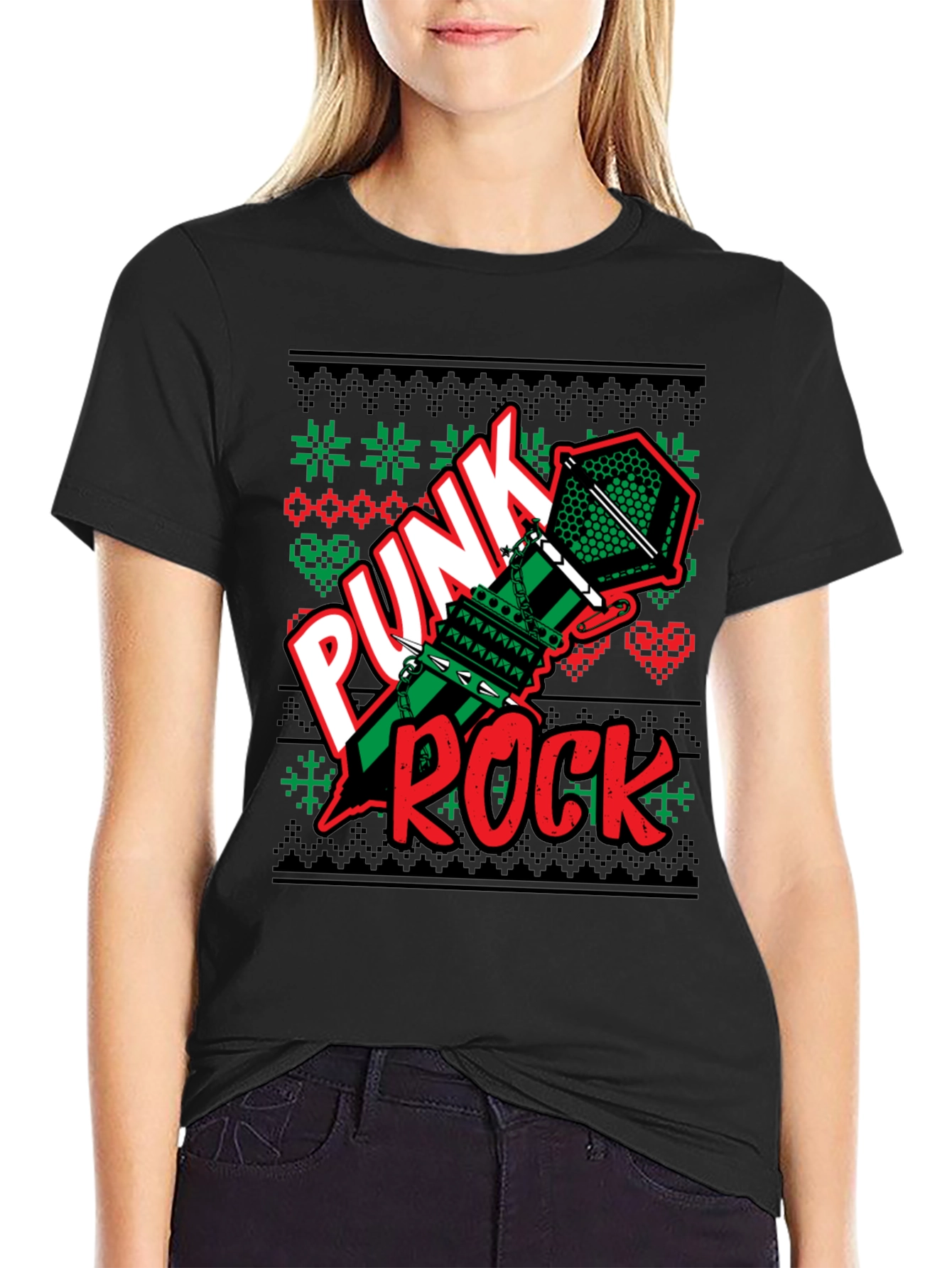 Black Punk Rock Ugly Christmas Sweater T-Shirt view 2