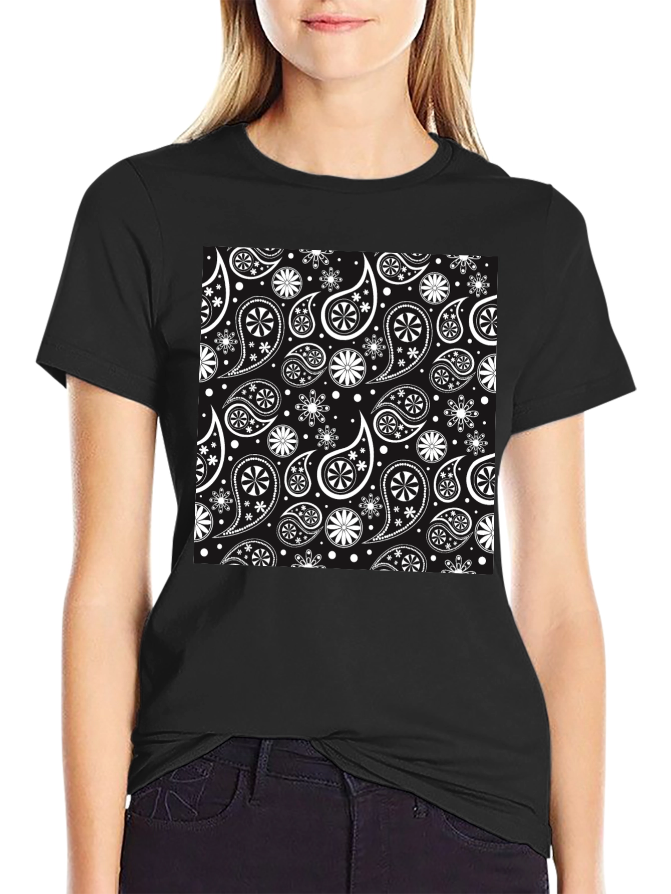 Black Stylish Paisley Patterned Black T-Shirt view 2