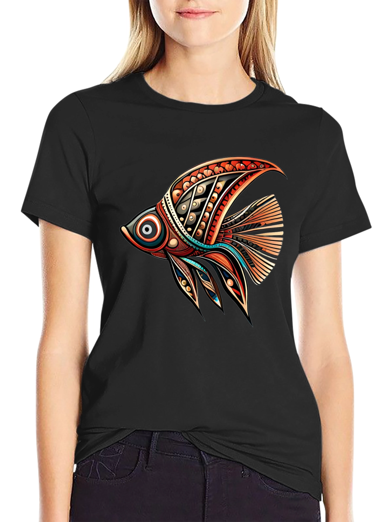 Black Tribal Fish Graphic Tee - Stylish Black T-Shirt view 2