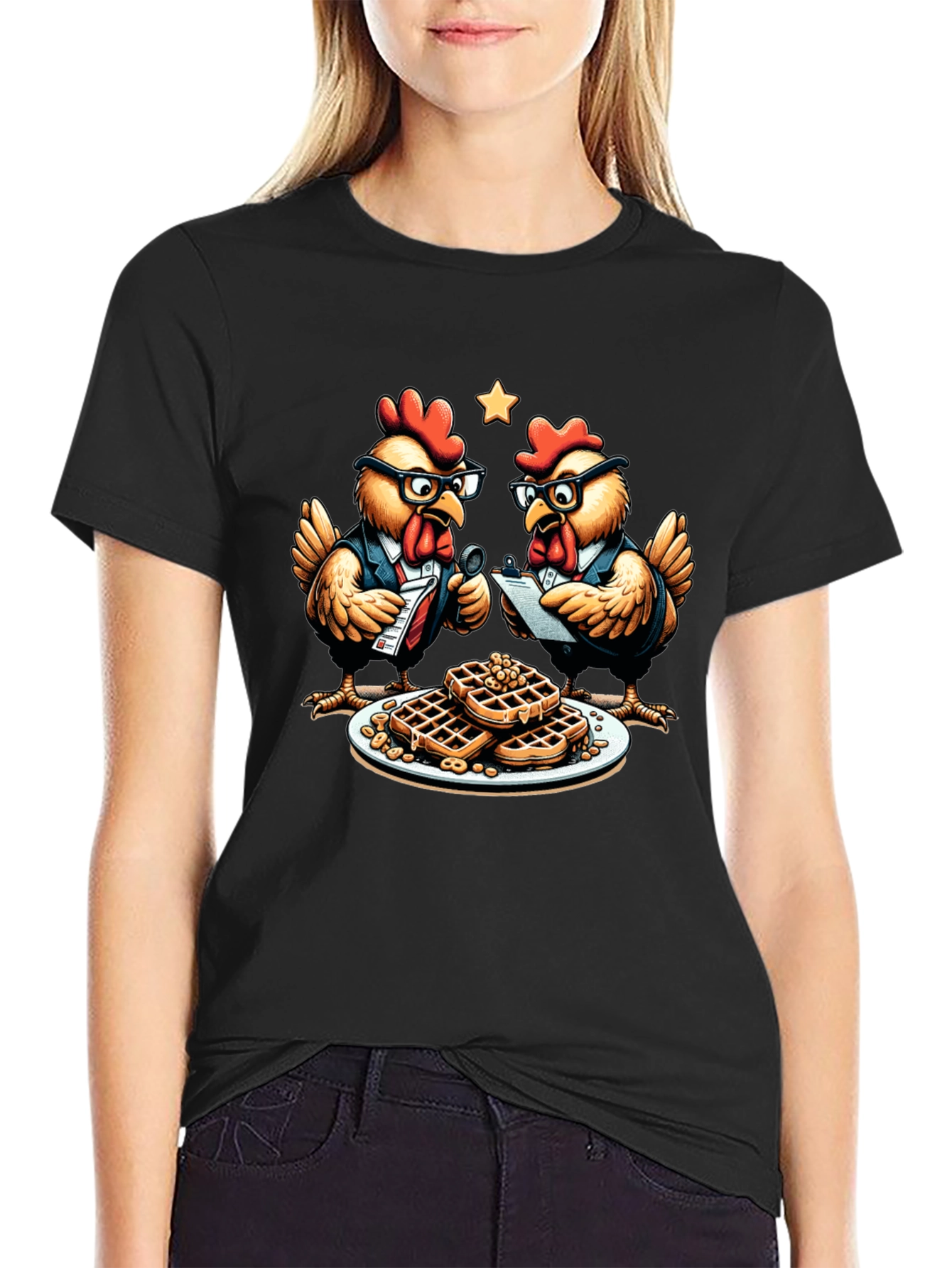 Black Chicken & Waffles T-Shirt - Business Chickens view 2