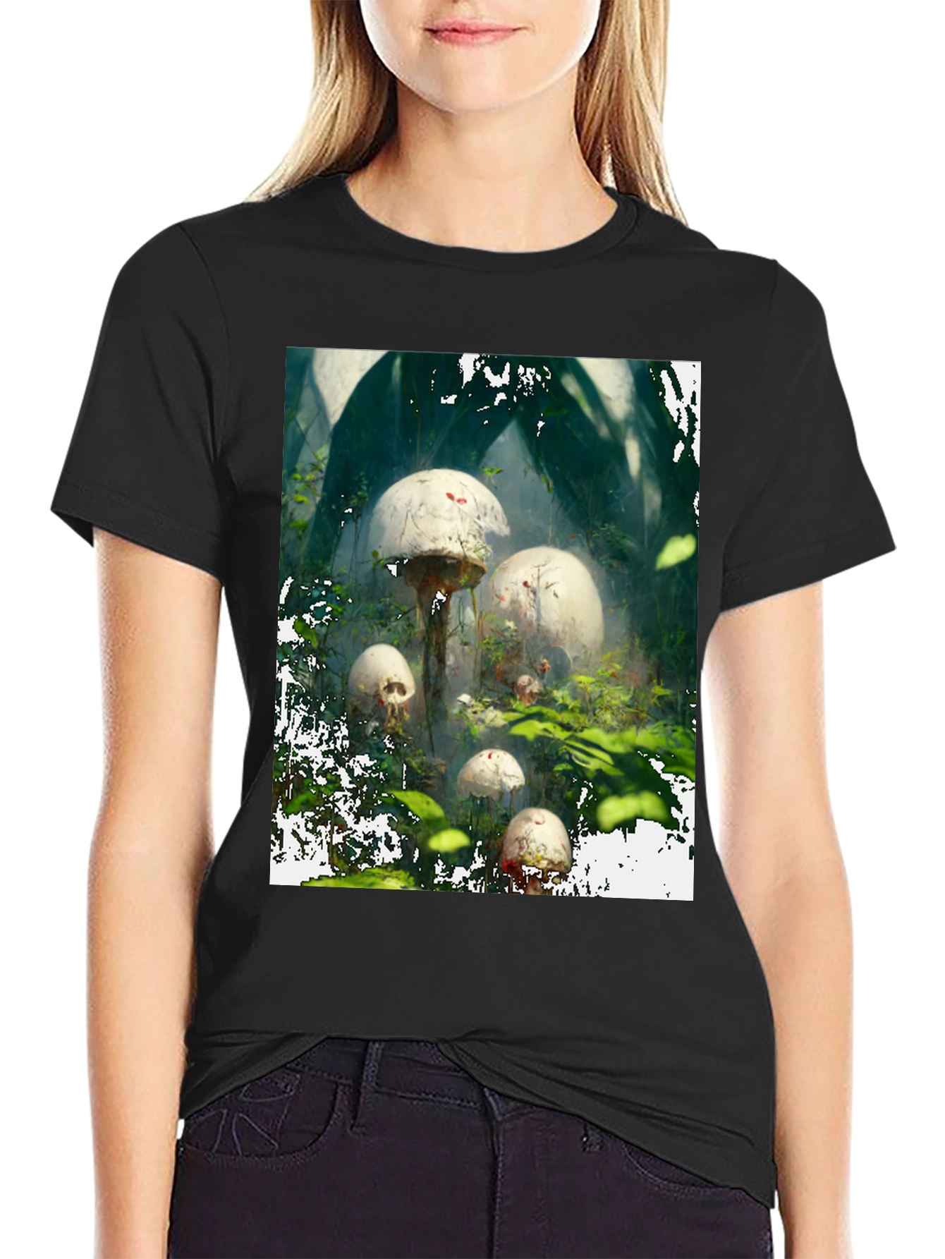 Black Mushroom Skull Forest Tee view 2