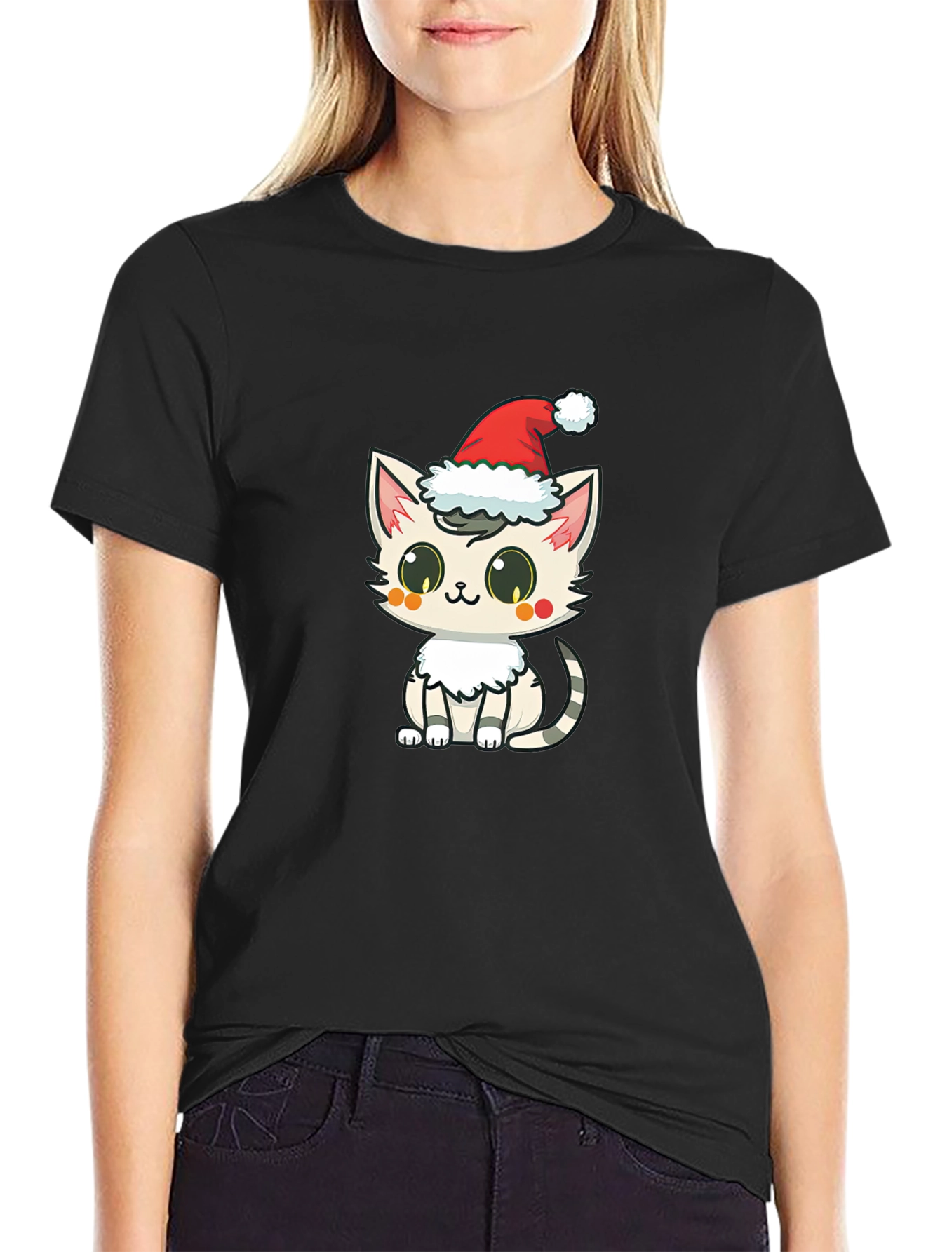 Black Cute Cat in Santa Hat Graphic T-Shirt view 2