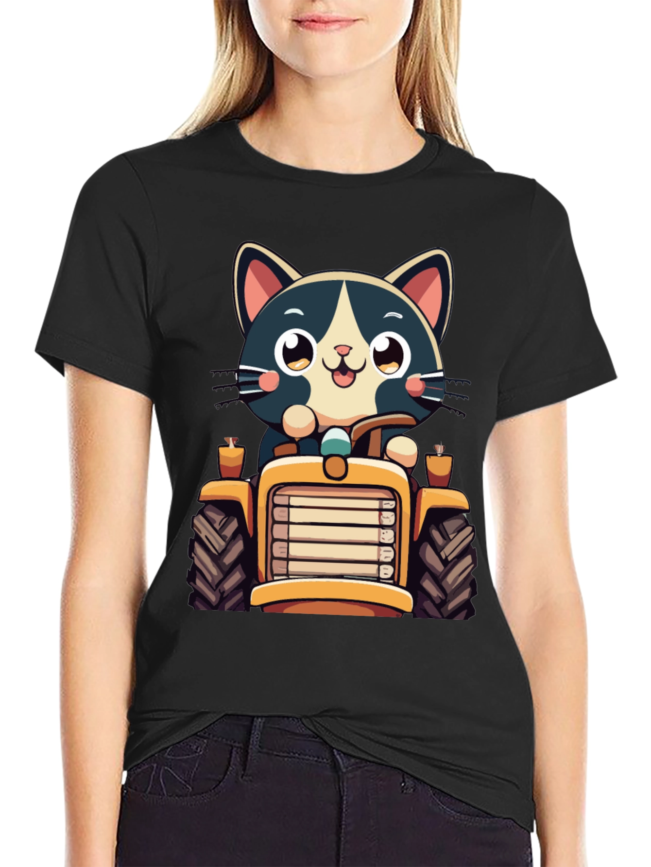 Black Cat Driving Tractor T-Shirt view 2