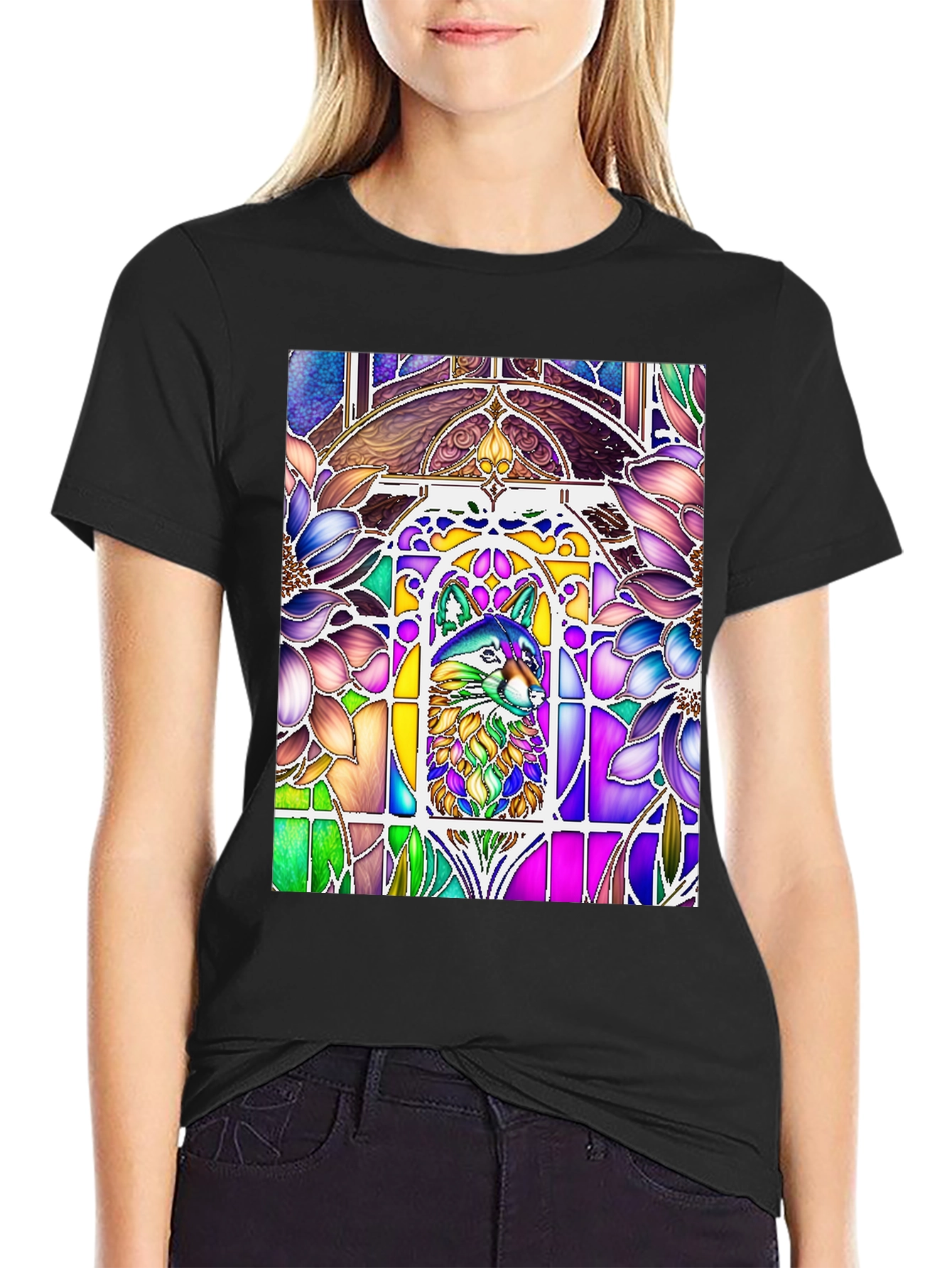 Black Stained Glass Wolf Graphic Tee view 2