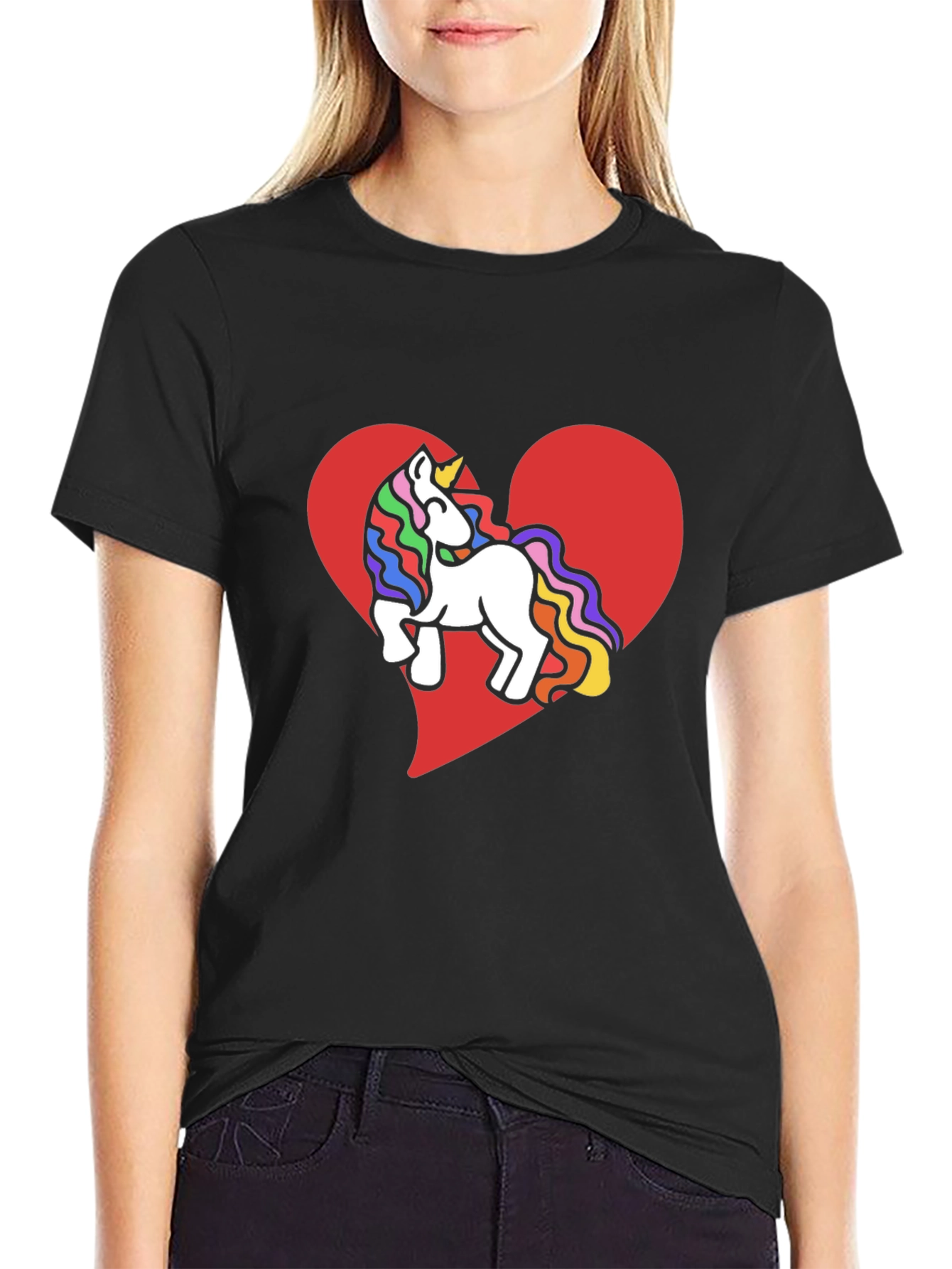 Black Unicorn Heart Tee - Rainbow Mane Graphic T-Shirt view 2