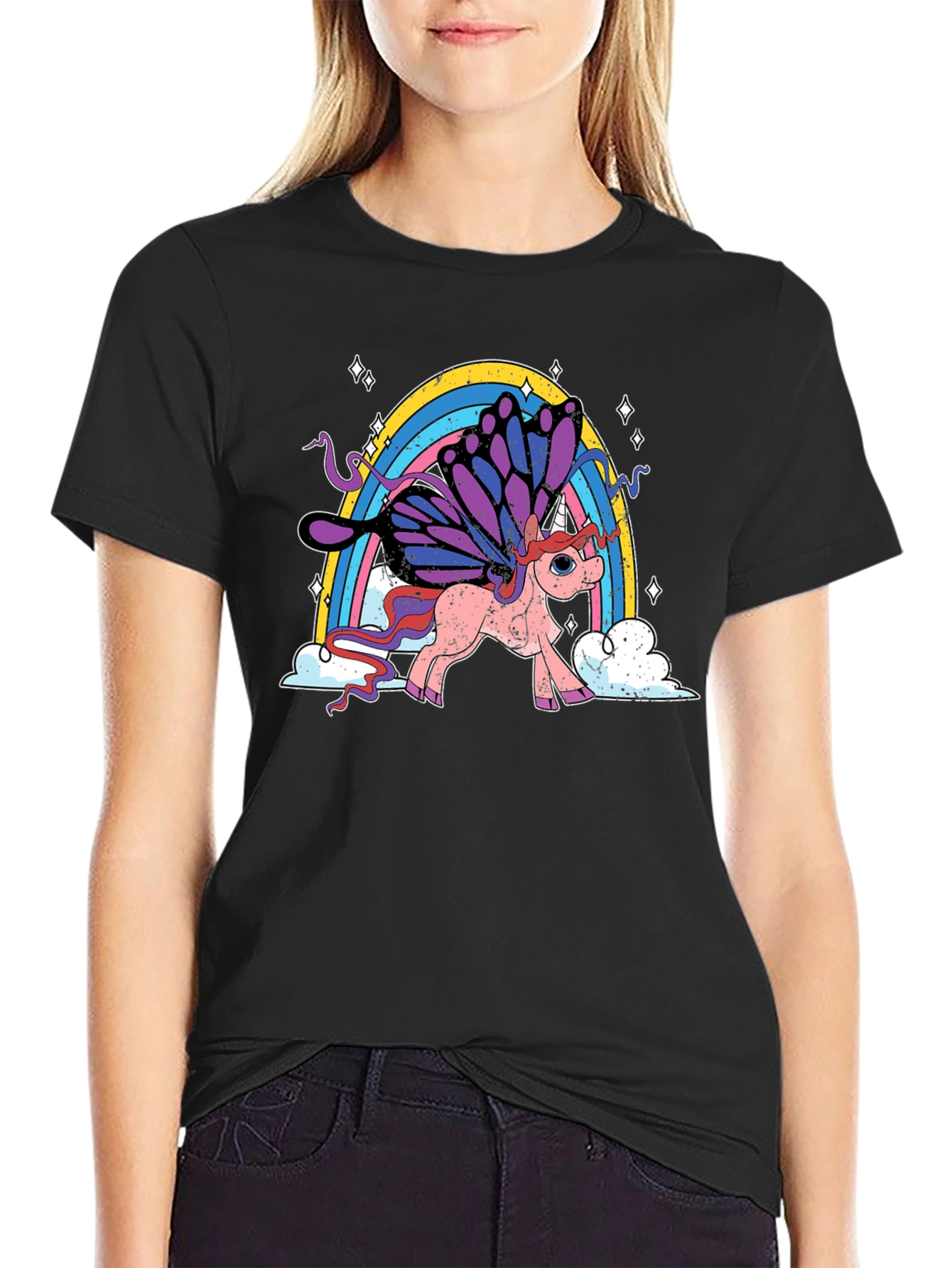 Black Unicorn Rainbow T-Shirt - Magical Butterfly Wings view 2