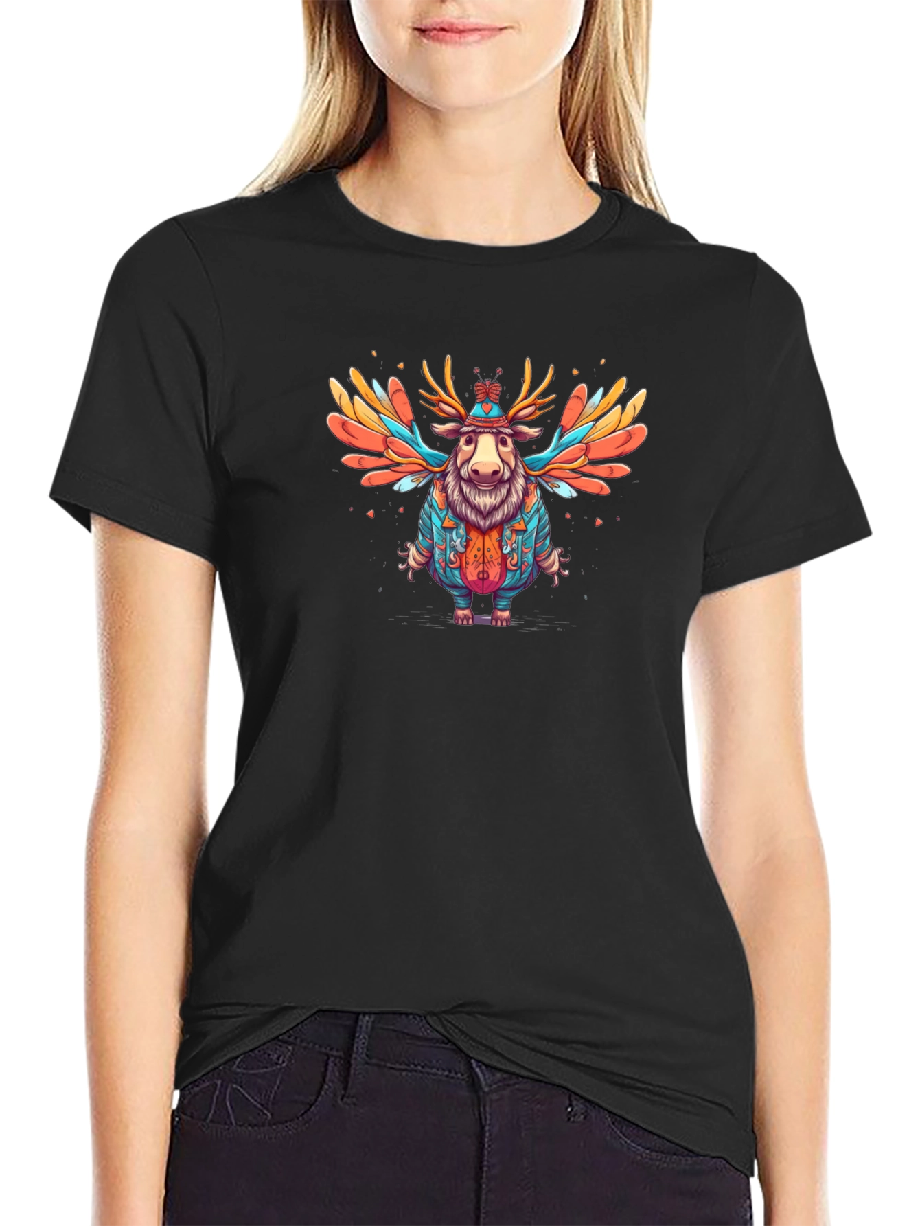 Black Whimsical Moose Graphic Tee - Soft Black Cotton Blend view 2