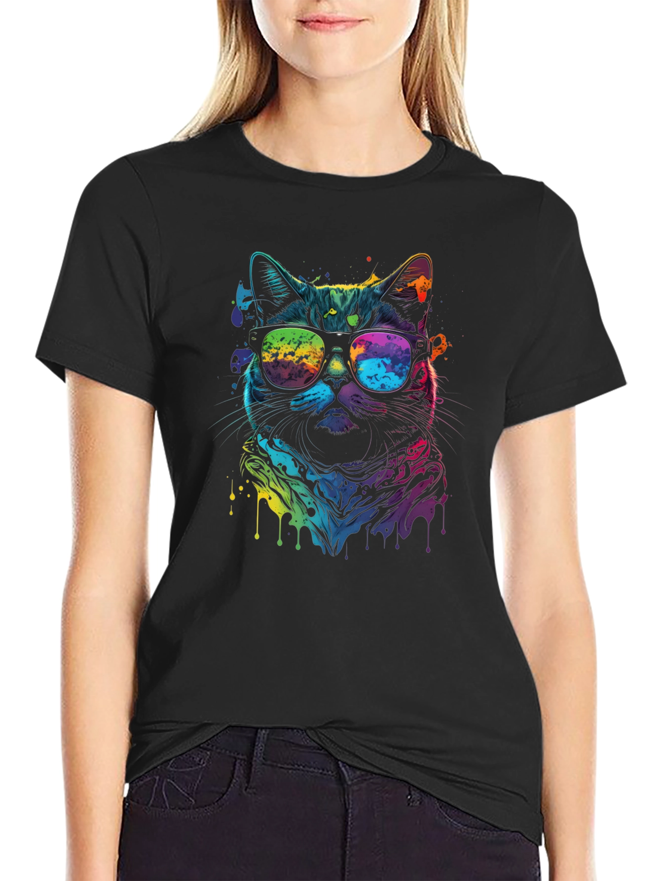 Black Cool Cat Tee - Vibrant Rainbow Graphic view 2