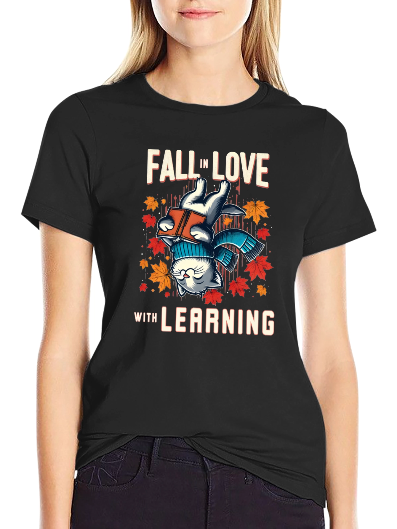 Black Fall in Love with Learning Cat T-Shirt view 2