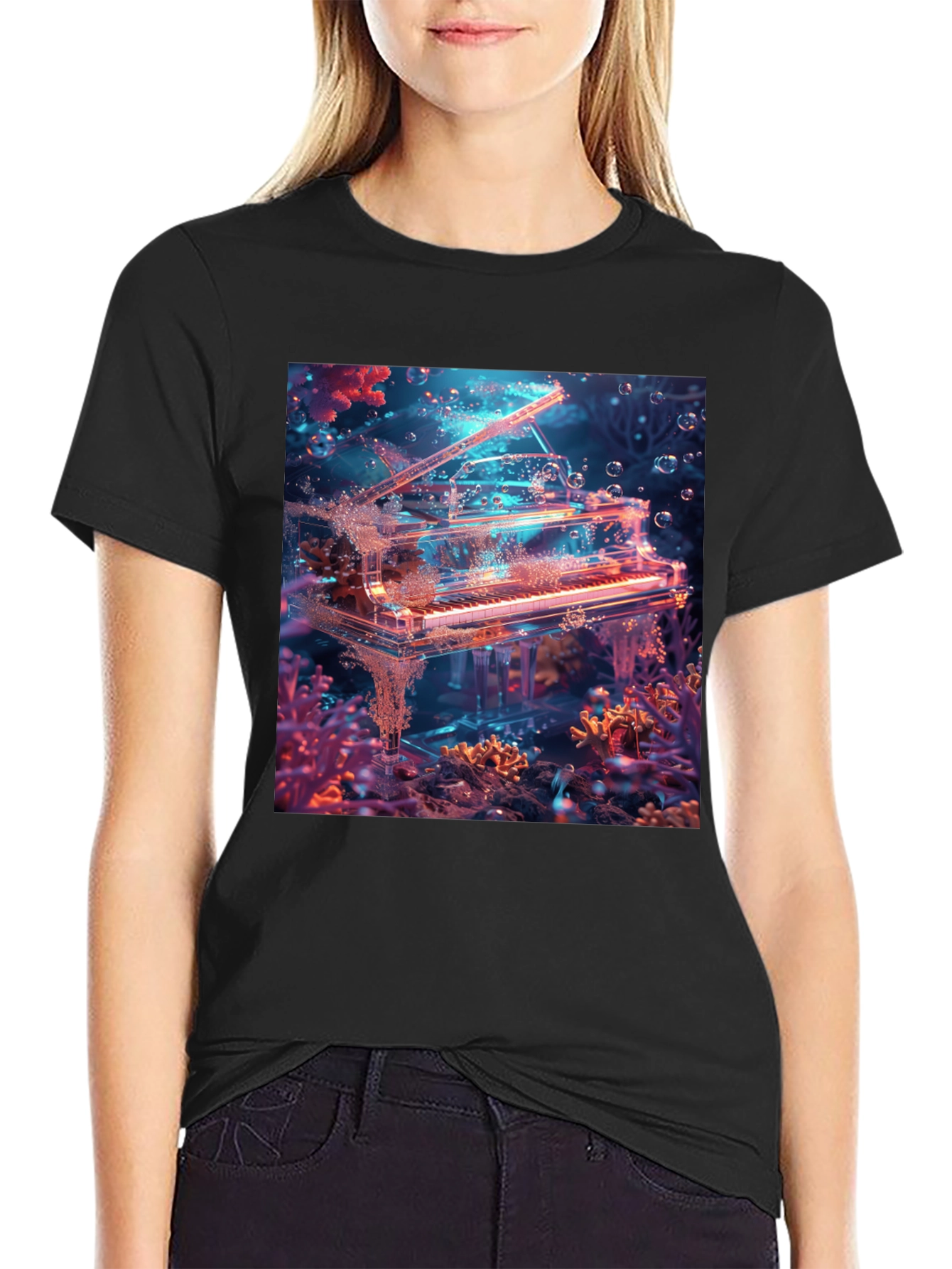 Black Underwater Piano Graphic Tee - Unique Design view 2