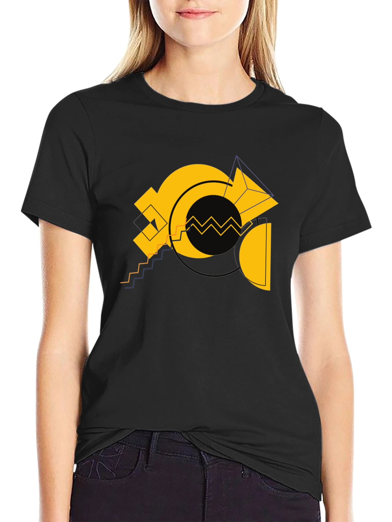 Black Geometric Gold Design Black Cotton T-Shirt view 2