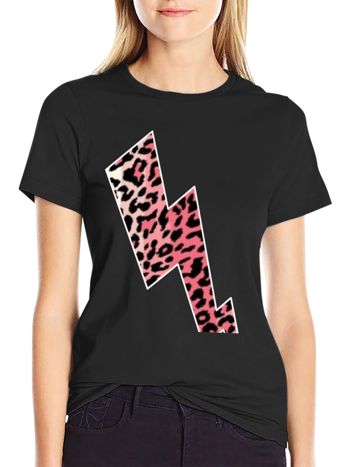 Black Trendy Leopard Print Lightning Bolt Graphic Tee view 2