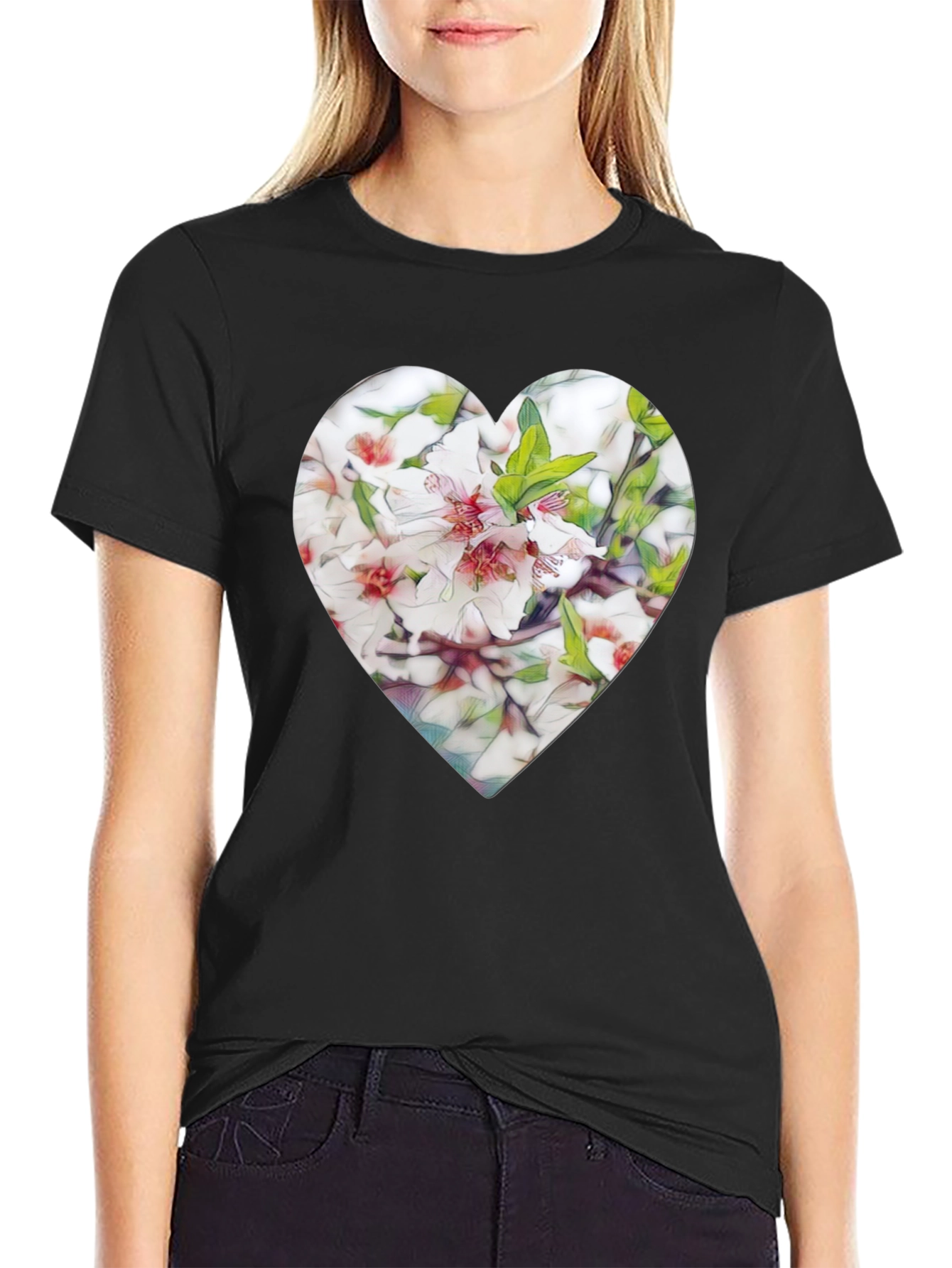Black Heart Floral Graphic Tee - Stylish Black T-Shirt view 2