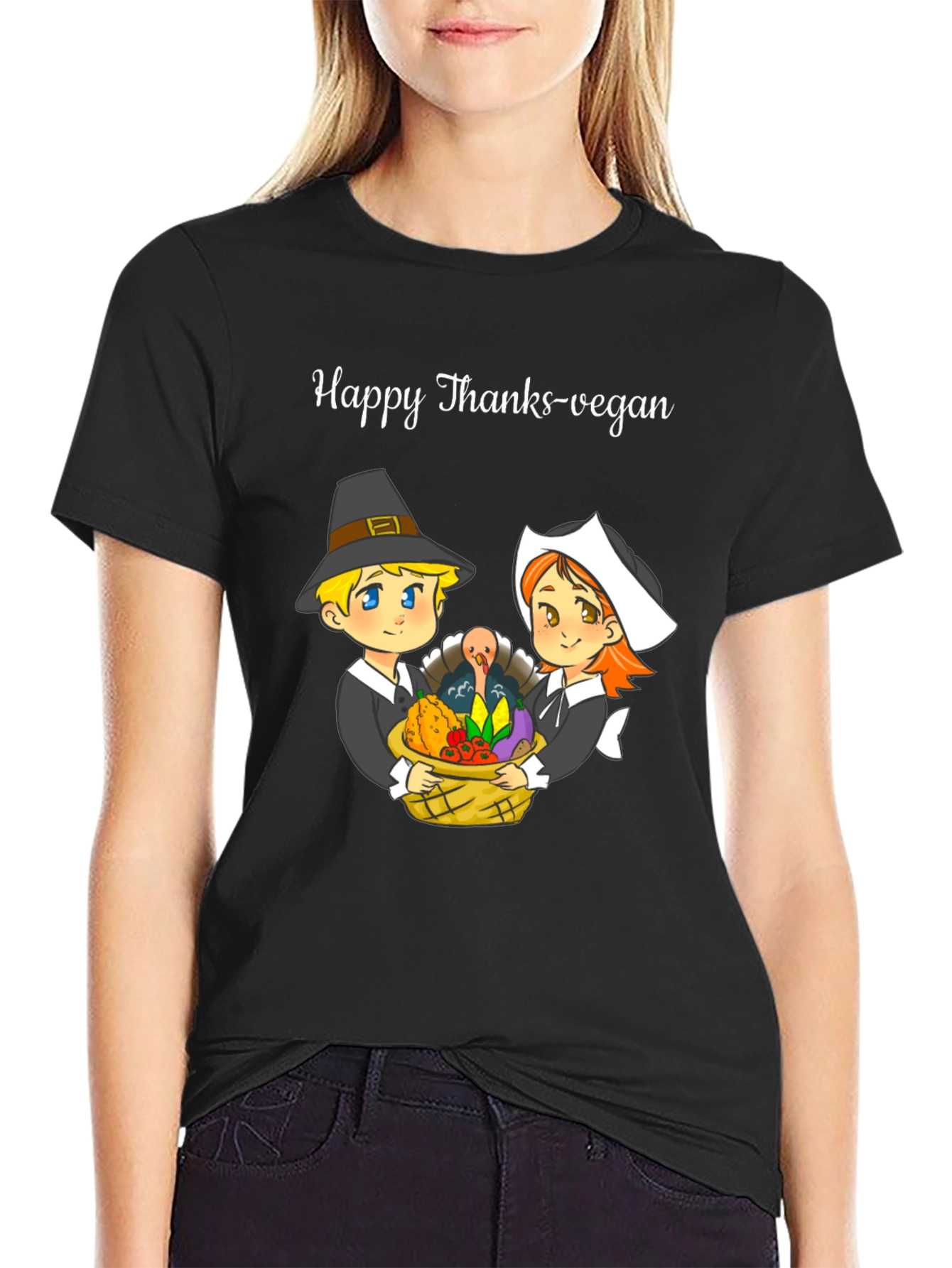 Black Happy Thanks-Vegan T-Shirt view 2