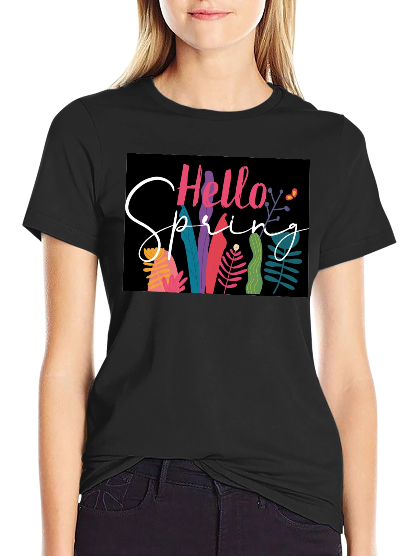 Black Hello Spring Graphic Tee - Black Cotton Casual view 2