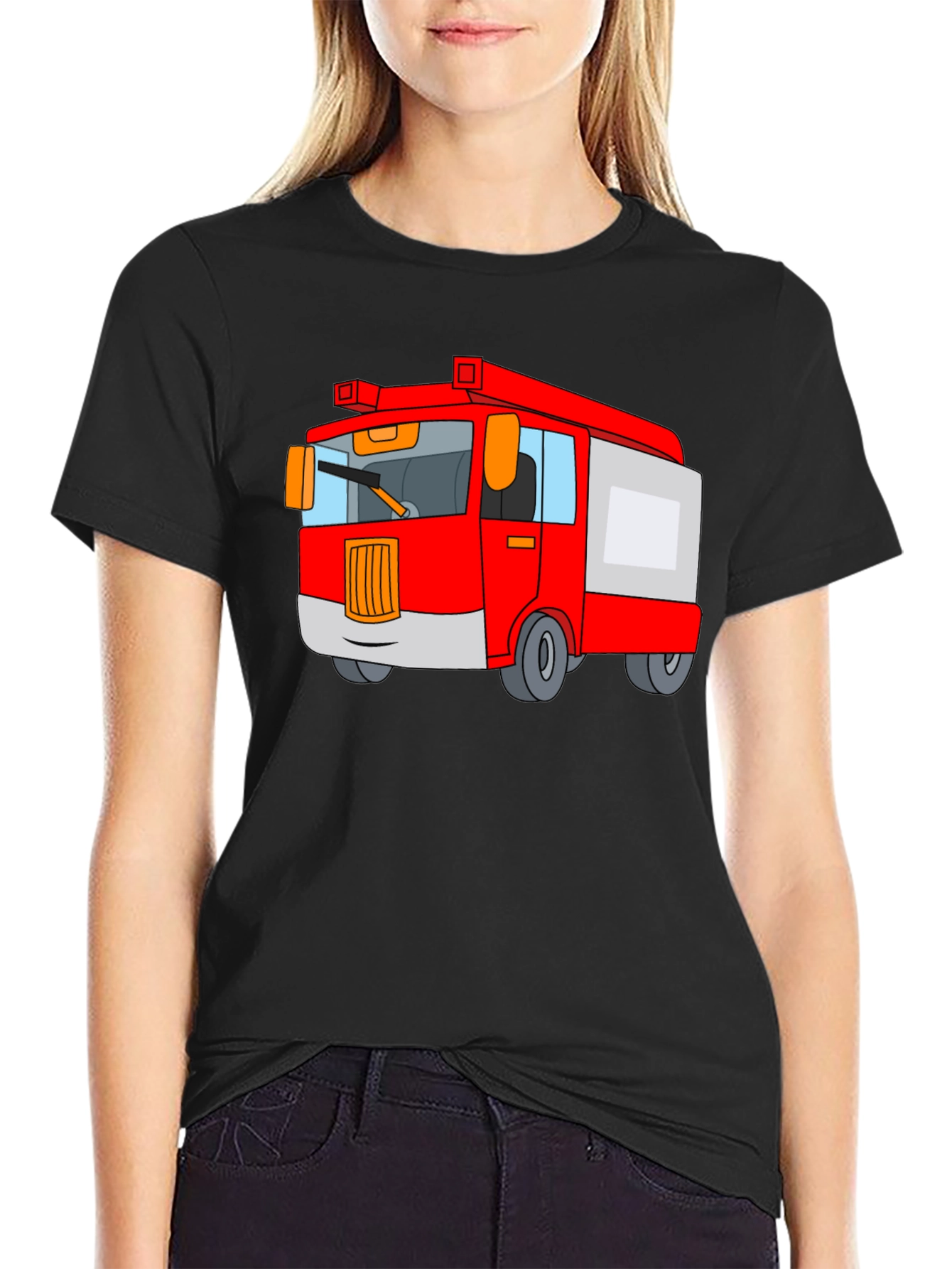 Black Fire Truck Cartoon Graphic Black T-Shirt view 2