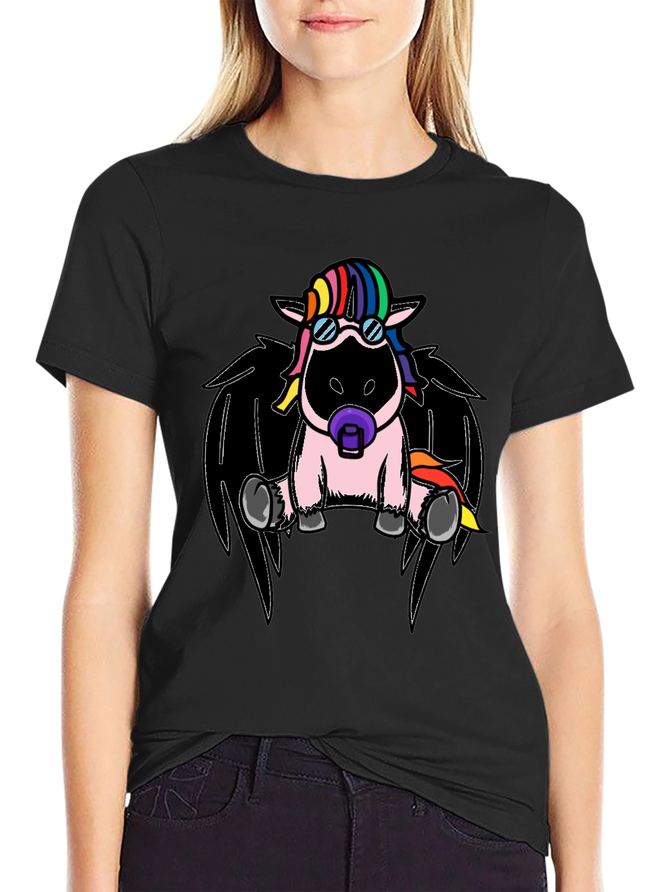 Black Cool Unicorn with Wings Graphic T-Shirt view 2