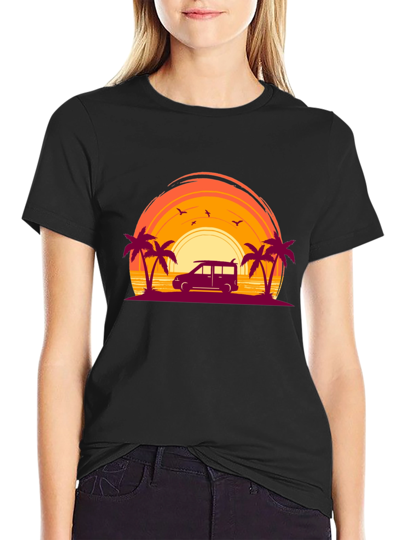 Black Sunset Beach Van Graphic Tee view 2
