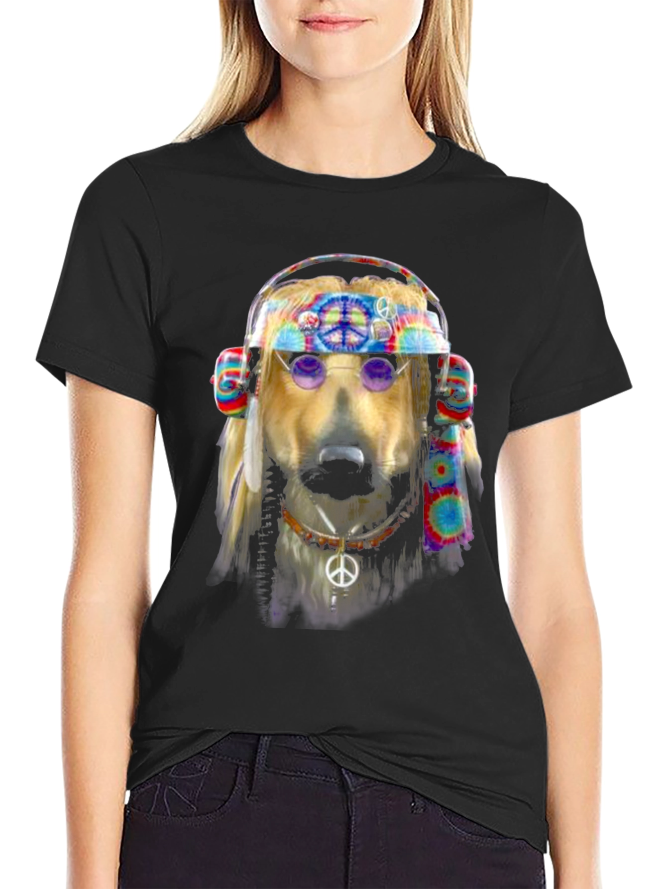 Black Hippie Dog Graphic T-Shirt - Peace & Love view 2