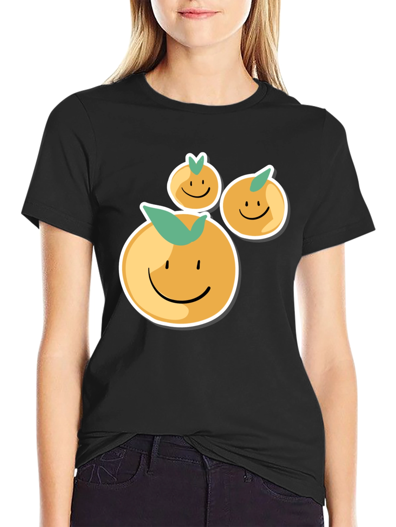 Black Smiling Oranges Graphic Tee - Casual Black T-Shirt view 2