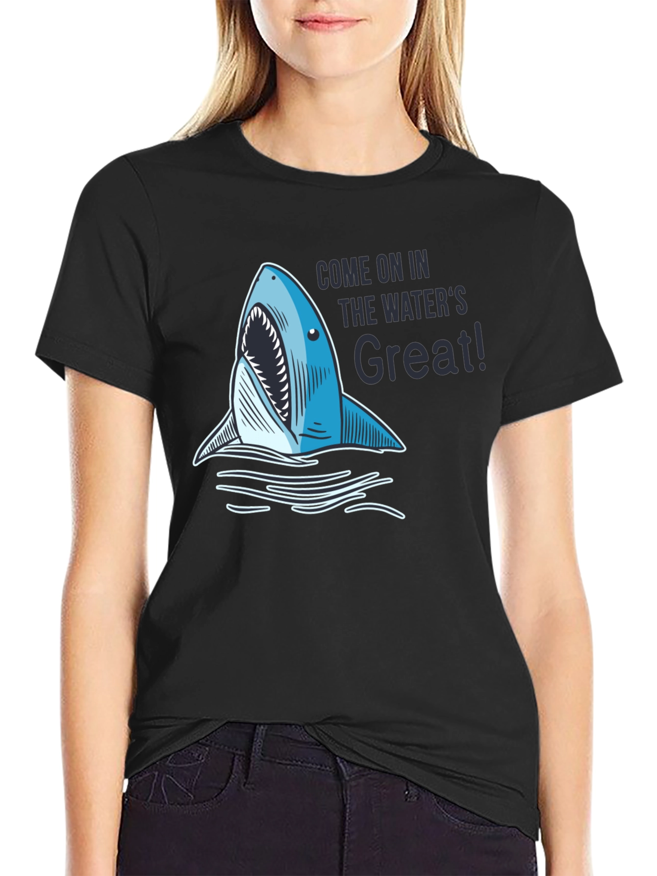 Black Shark Attack T-Shirt - "The Water's Great!" view 2