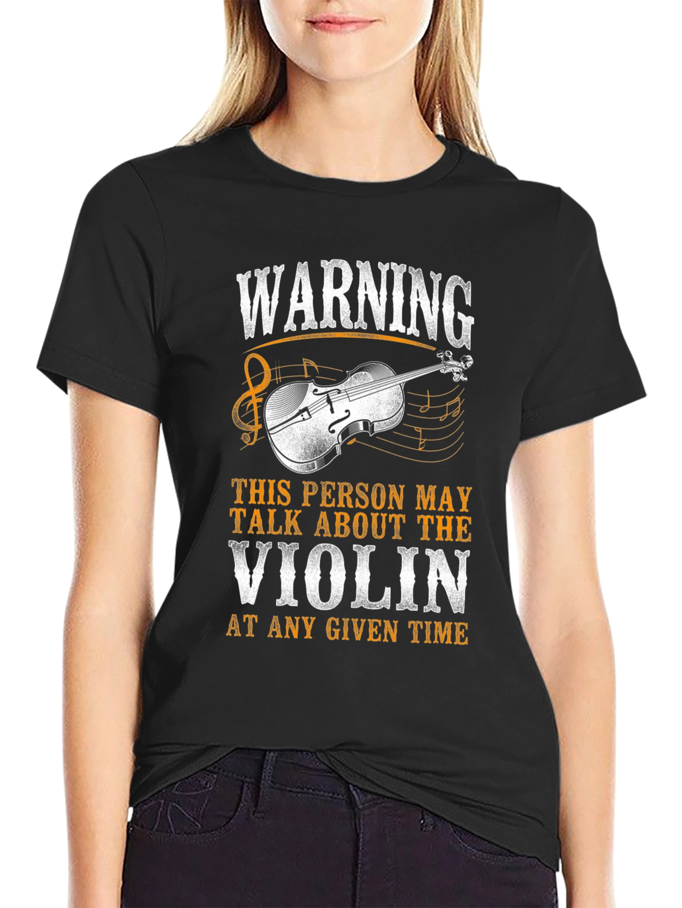 Black Warning Violin T-Shirt - Music Lover Gift view 2
