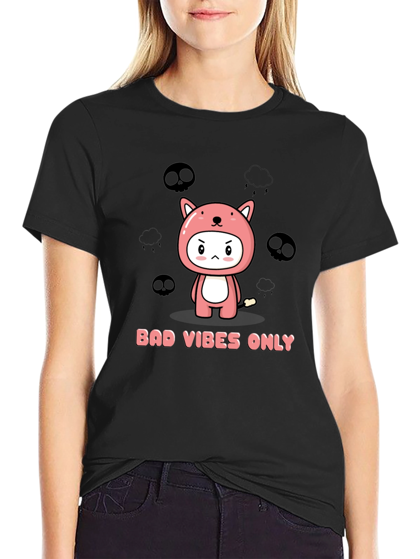 Black Bad Vibes Only Kawaii Graphic T-Shirt view 2