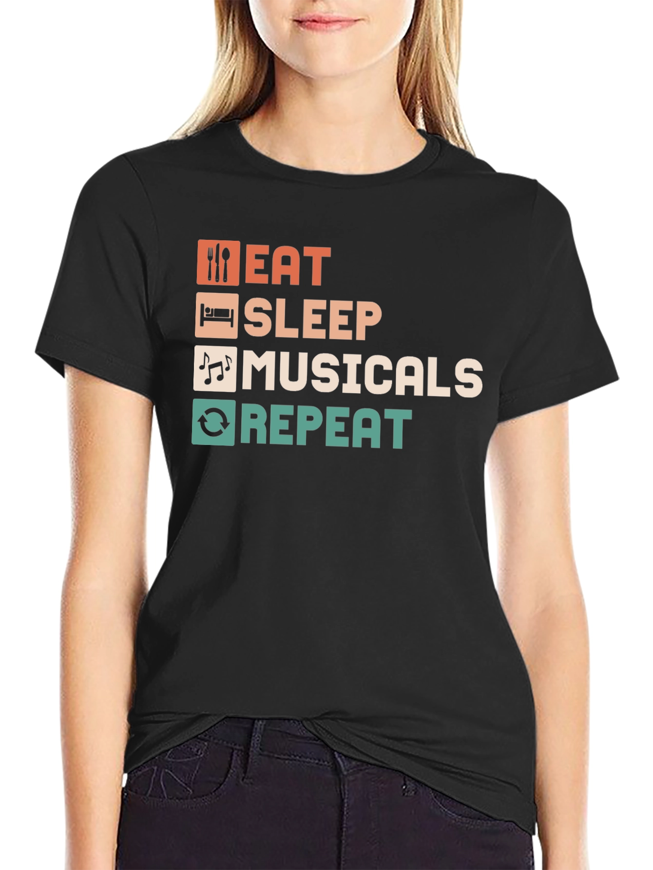 Black Eat Sleep Musicals Repeat T-Shirt view 2