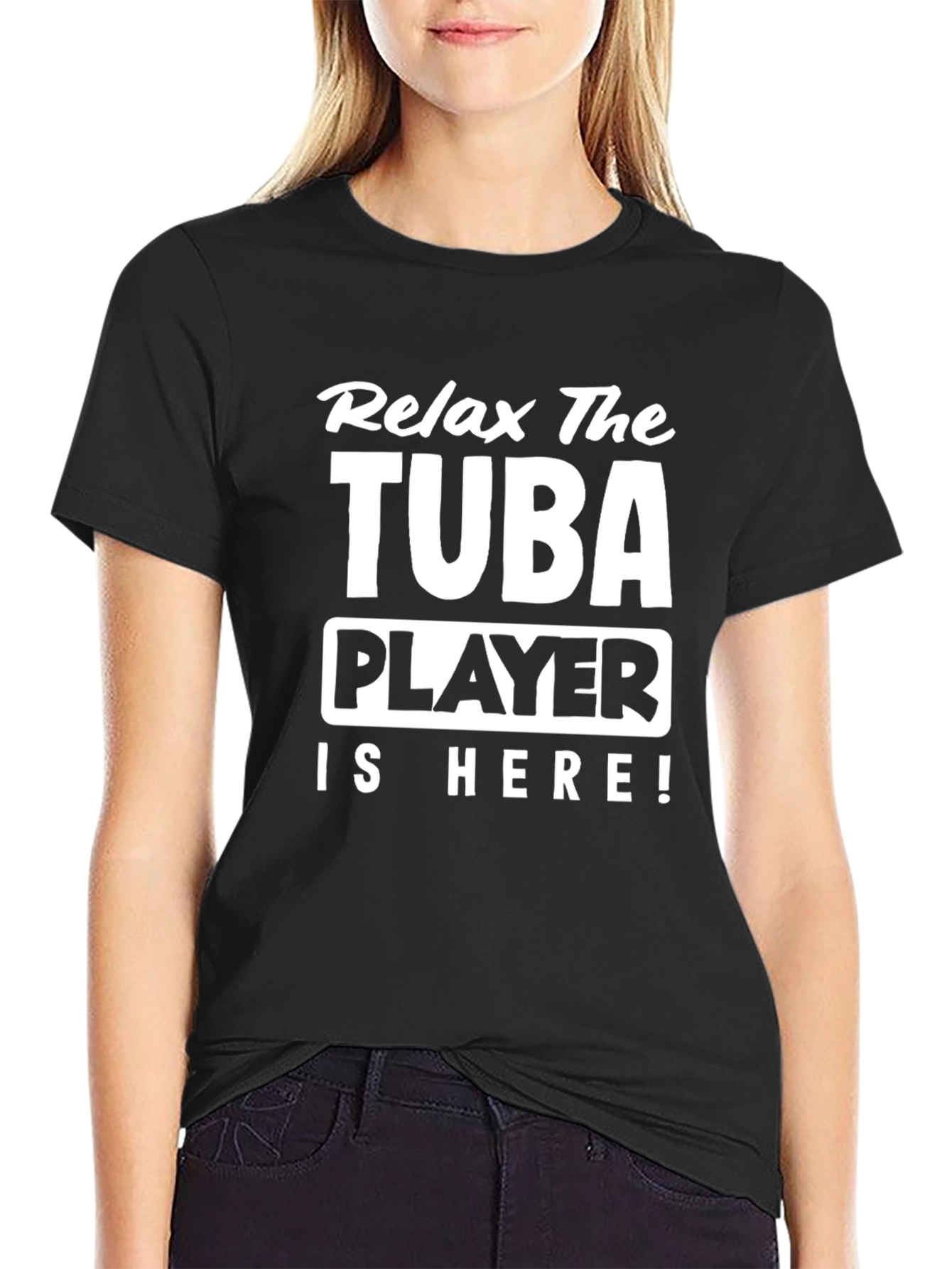 Black Relax The Tuba Player Is Here! Black Tee view 2