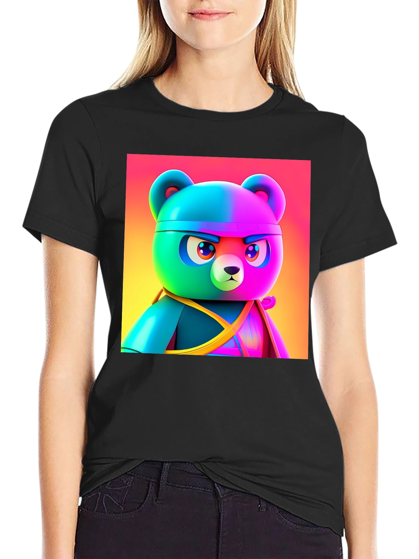 Black Cool Cartoon Bear T-Shirt view 2