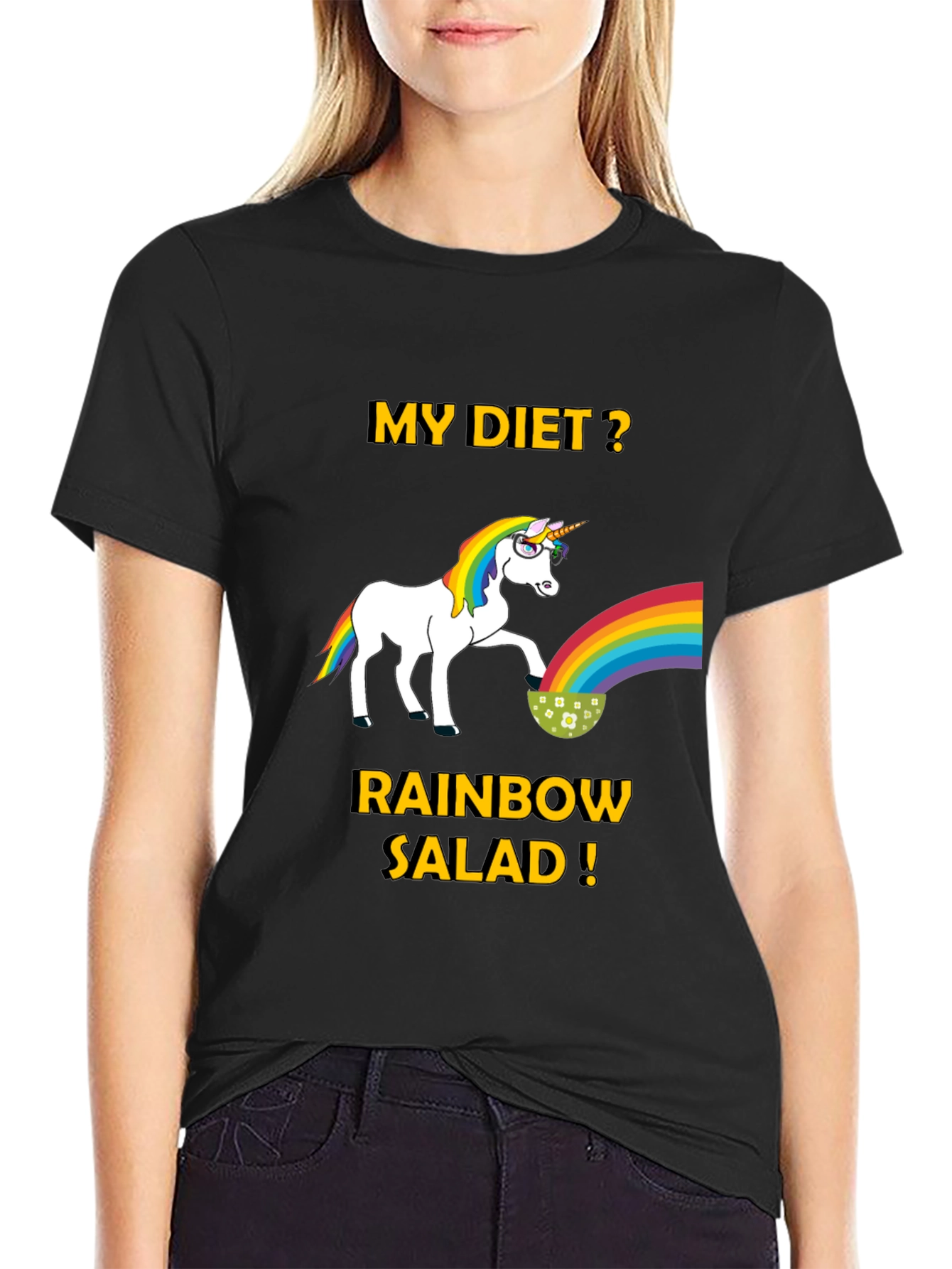 Black Unicorn Rainbow Salad Diet T-Shirt view 2