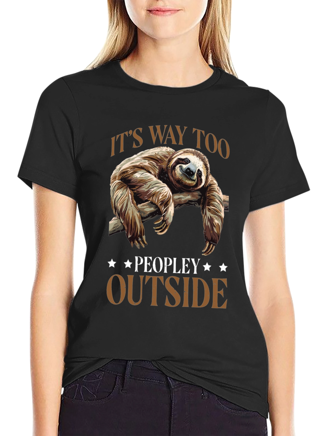 Black Lazy Sloth Graphic Tee: "It's Way Too Peopley Outside" view 2