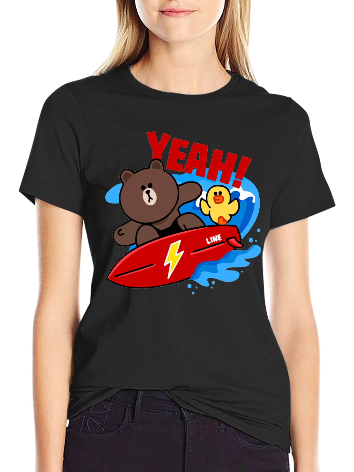 Black Cartoon Bear Surfing Graphic T-Shirt view 2