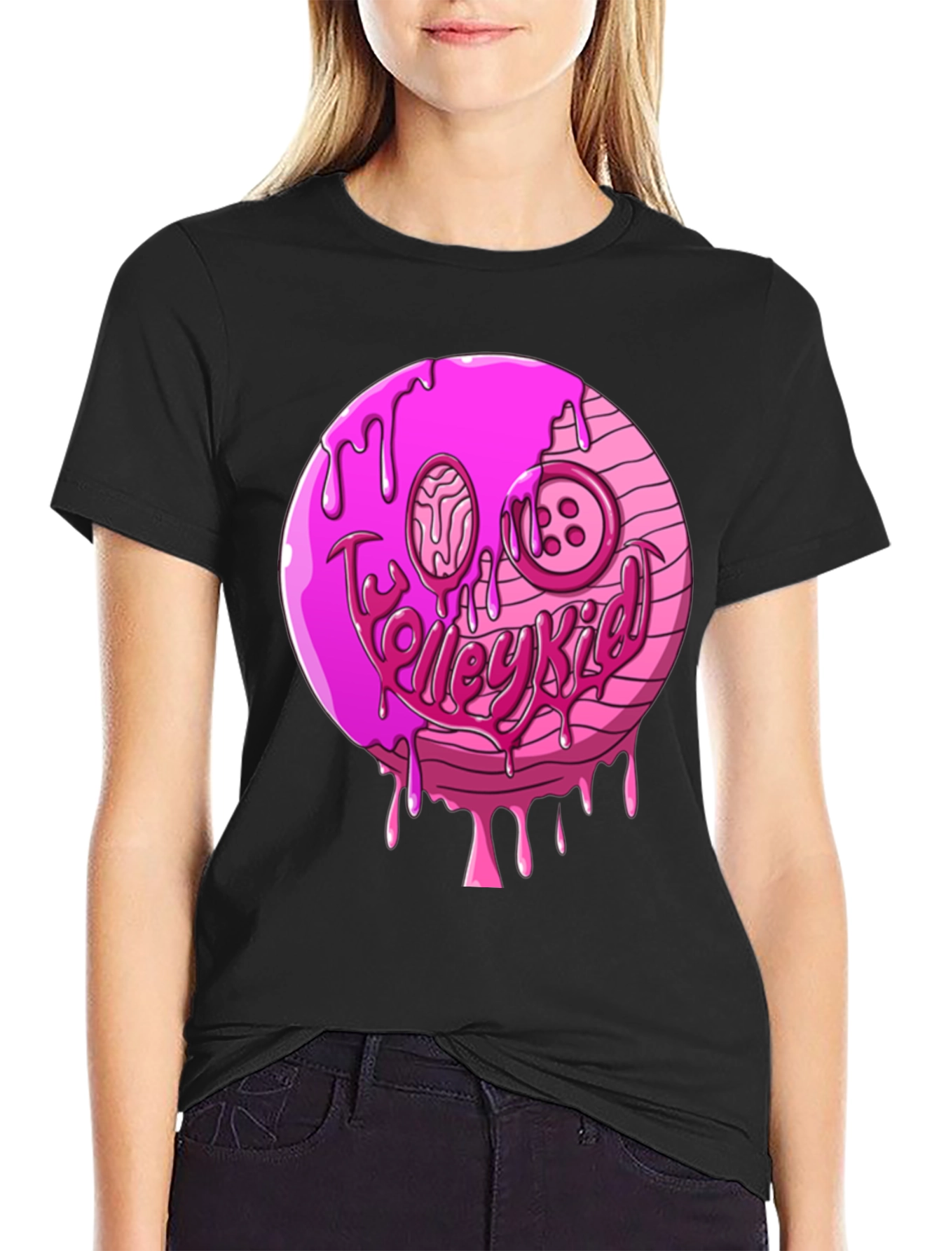 Black Pink Drip Smiley Face Graphic T-Shirt view 2