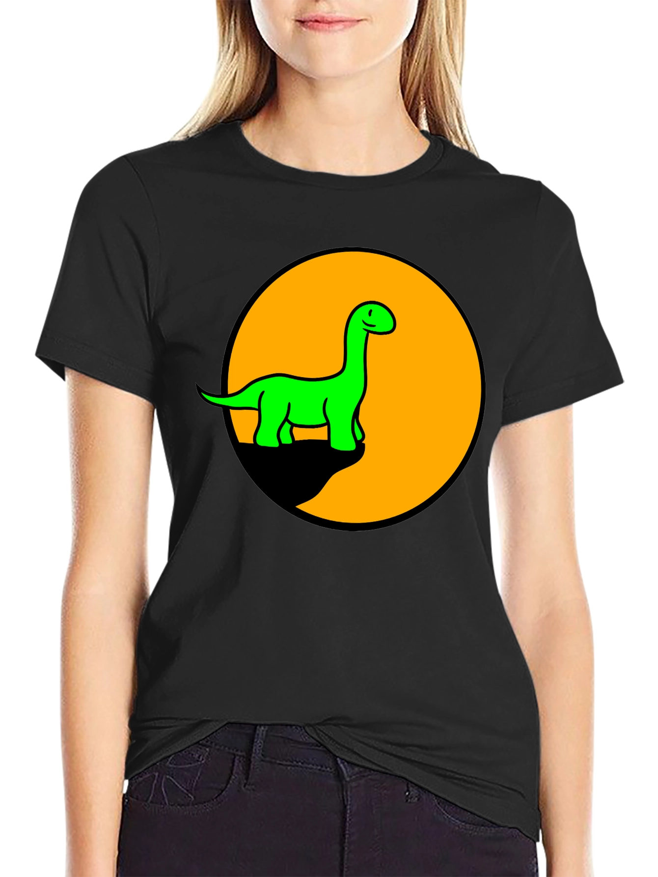 Black Dino Graphic Tee - Black T-Shirt with Retro Green Dinosaur Print view 2