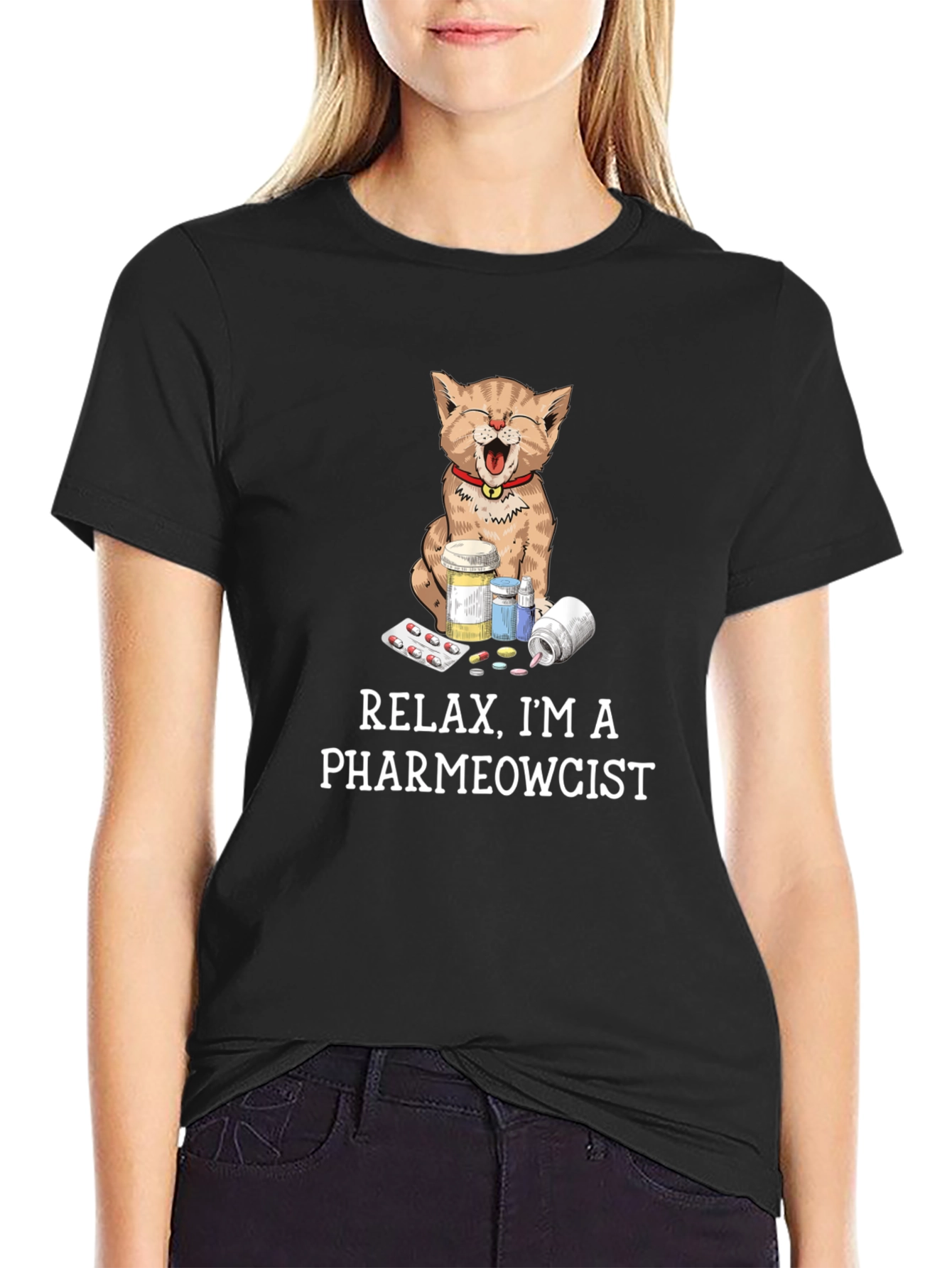Black Pharmewcist Cat T-Shirt - Funny Veterinarian Tee view 2
