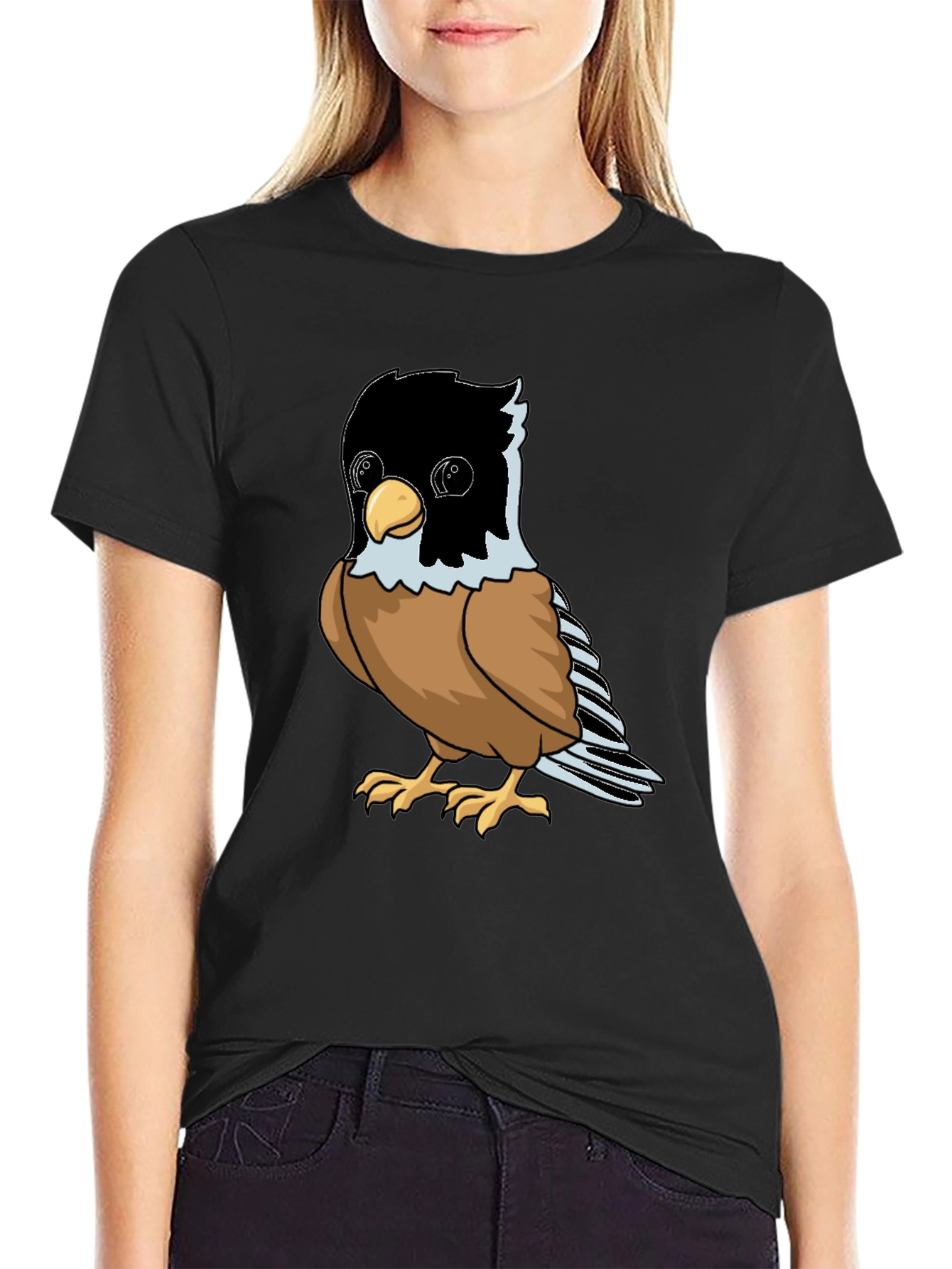 Black Cute Bird Graphic Tee - Soft Black Cotton Shirt view 2