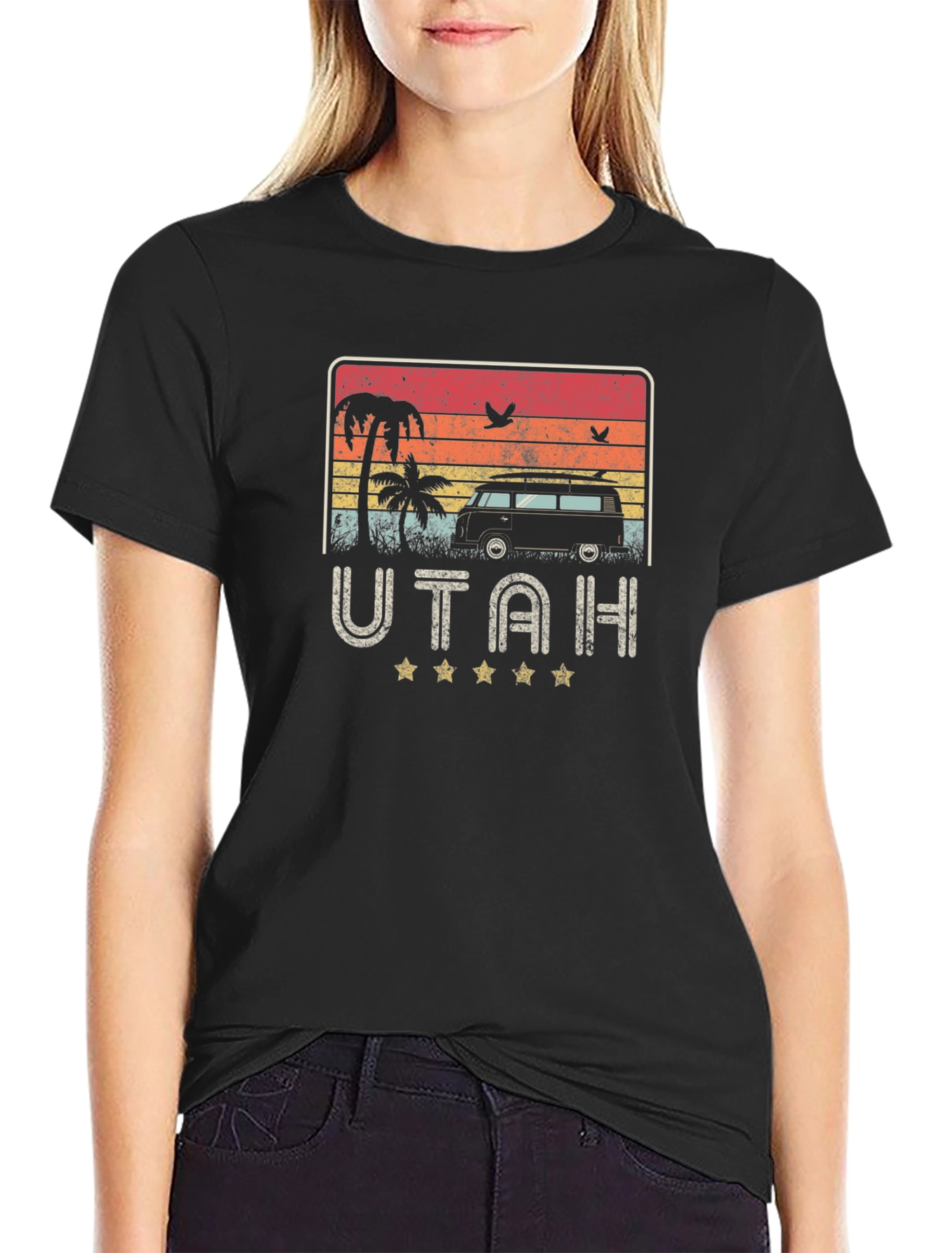 Black Retro Utah Beach Van Graphic T-Shirt view 2