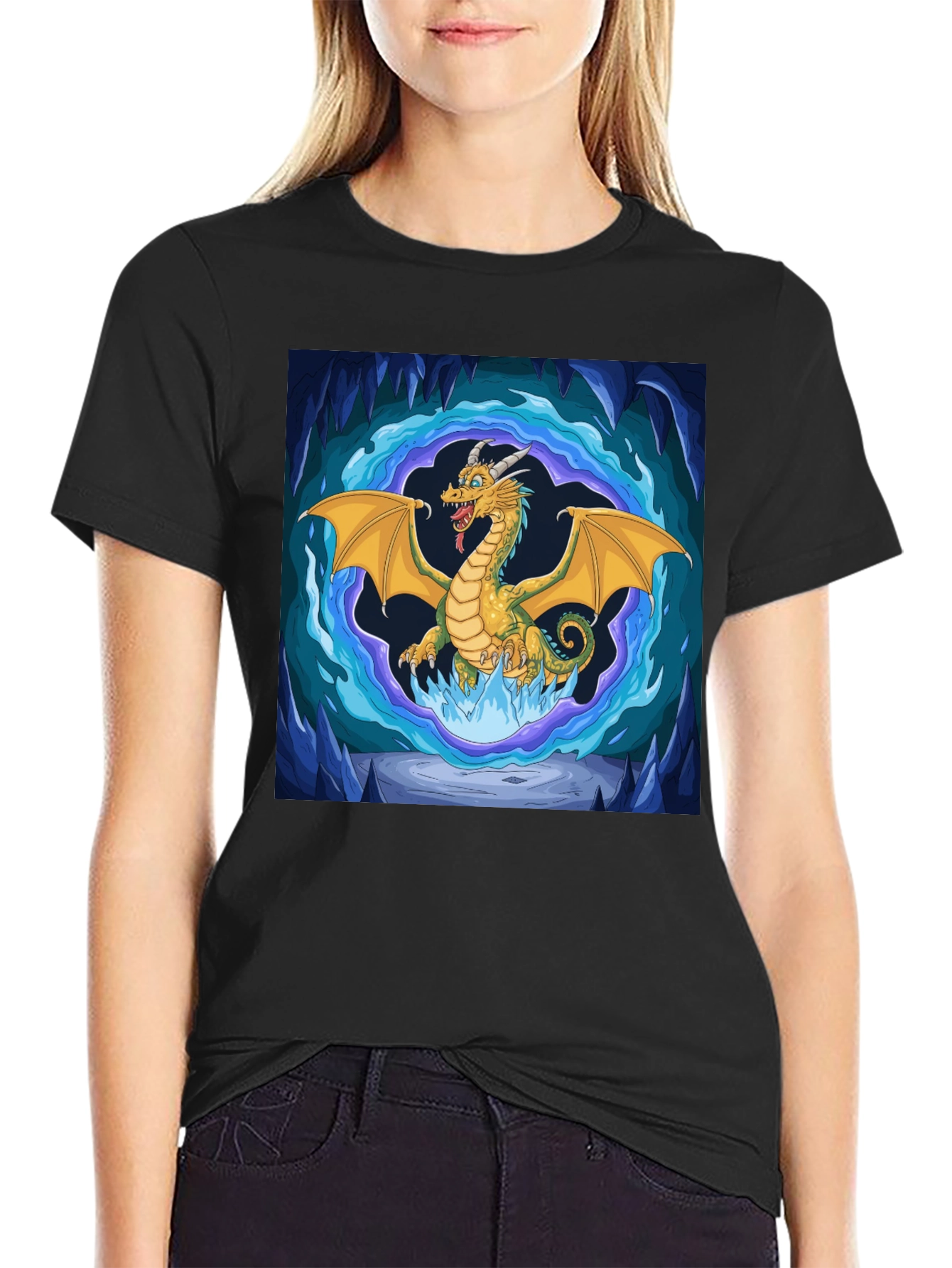Black Dragon Graphic Tee - Fantasy Art Black T-Shirt view 2
