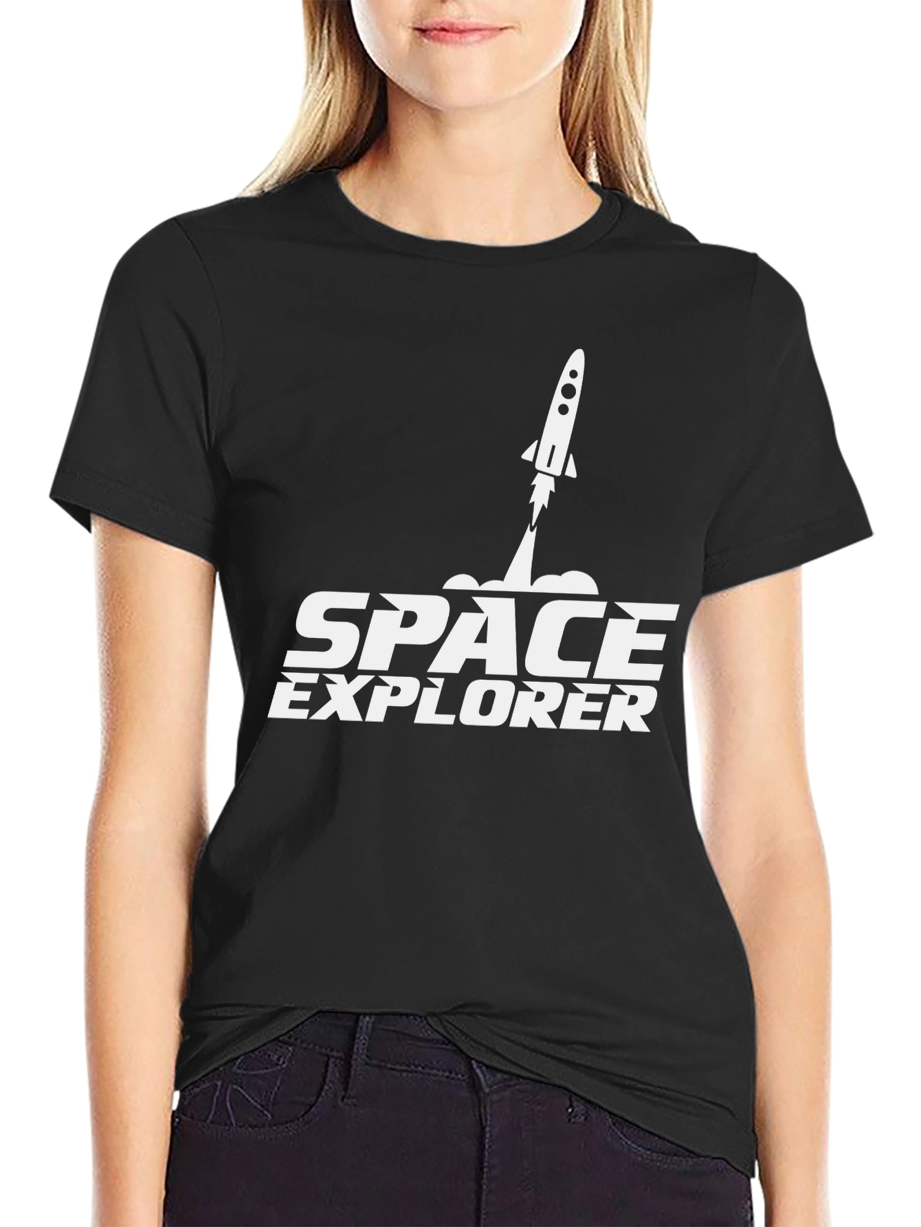 Black Space Explorer Black T-Shirt Rocket Design view 2