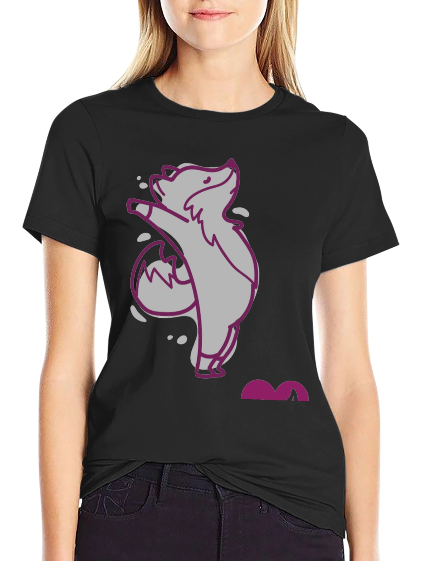 Black Cute Cartoon Fox Graphic Tee - Unisex view 2