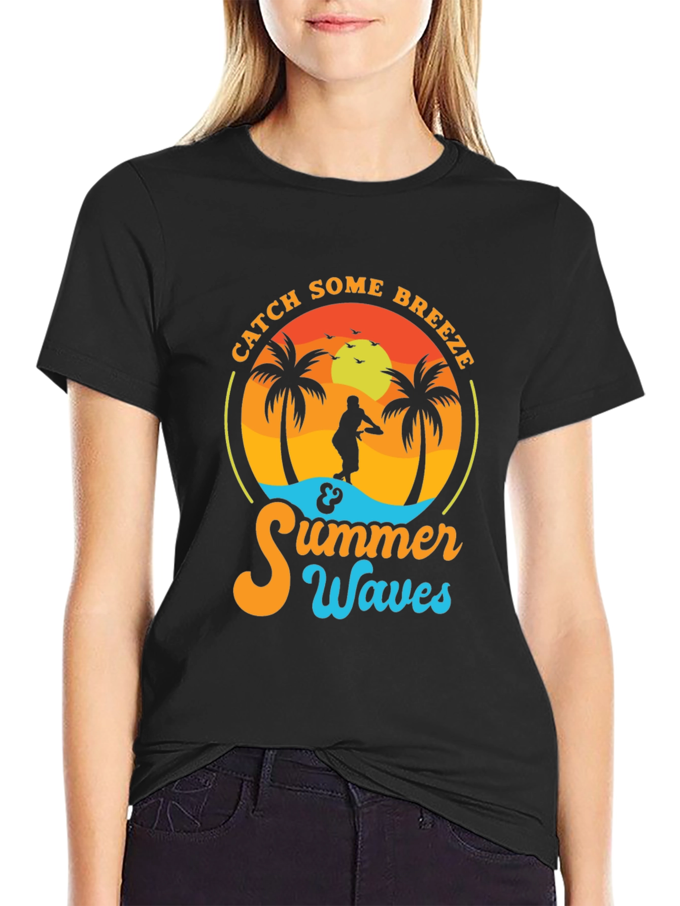 Black Catch Some Breeze Summer Waves Graphic Tee view 2