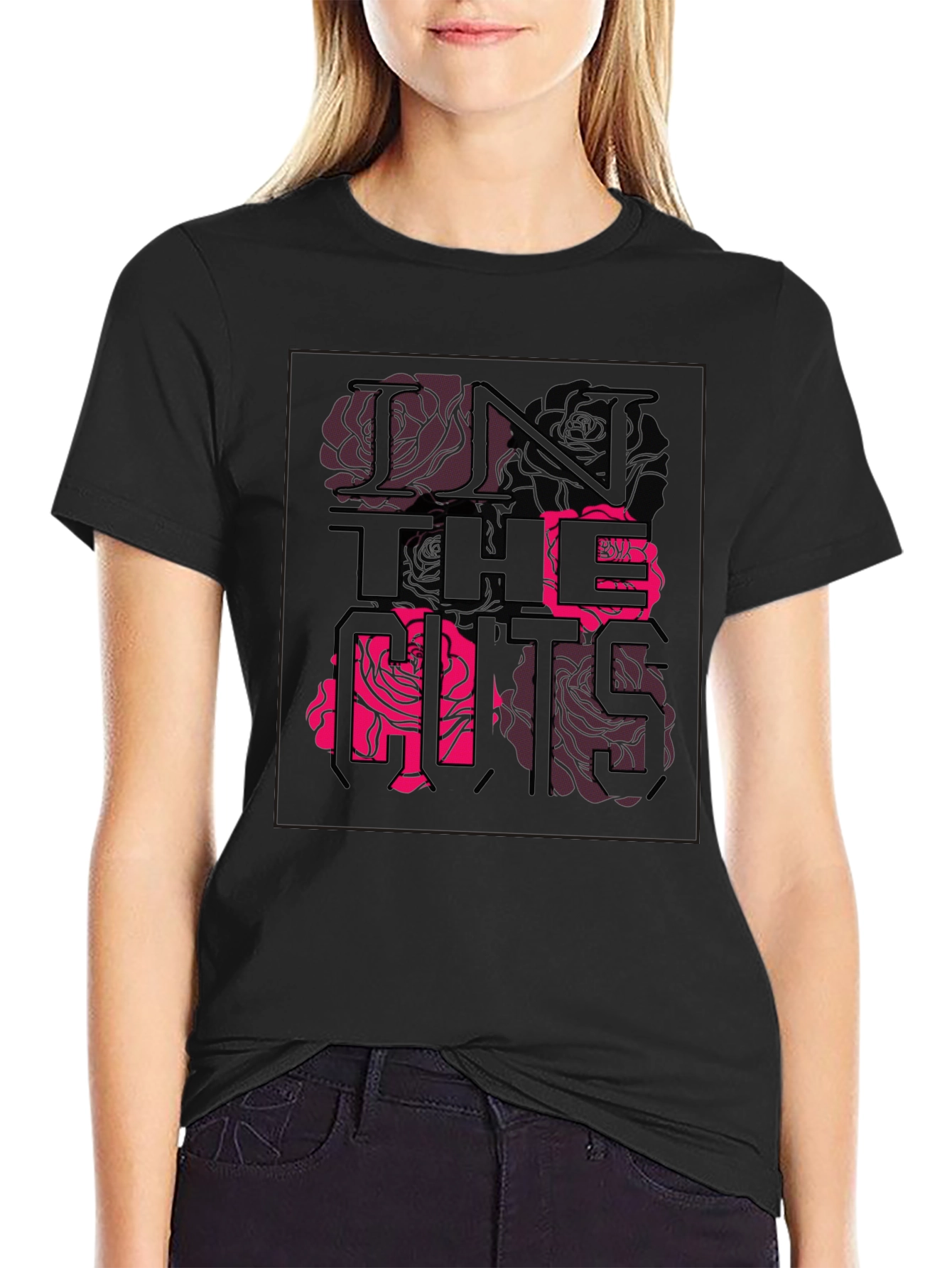 Black Stylish Black Graphic Tee - Rose Text Design view 2